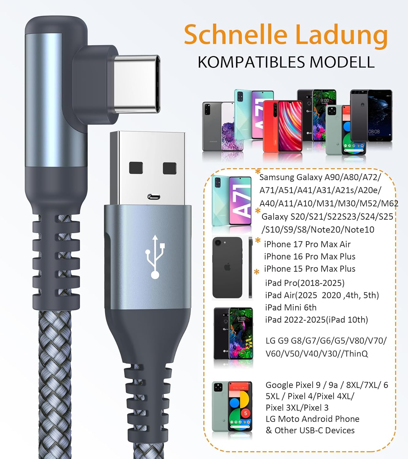 Detalle de Sweguard USB-C Kabel 3.1A Schnellladung – 2er Set, 1 m, Winkel-Design, Nylon-Verkabelung