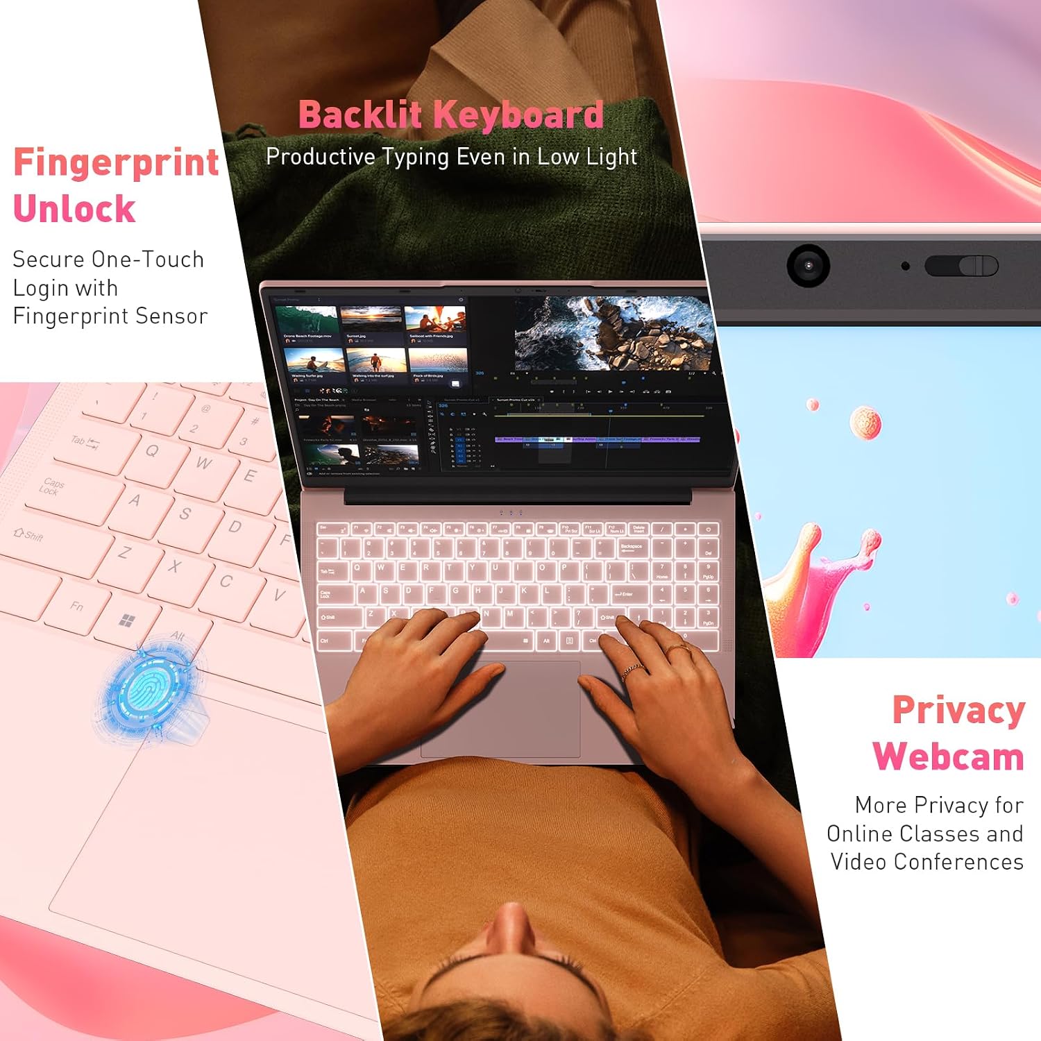 Thumbnail 2 de Auusda 15.6” Full HD Laptop: 16GB RAM, 512GB SSD, Backlit Keyboard, Fingerprint Unlock, Pink