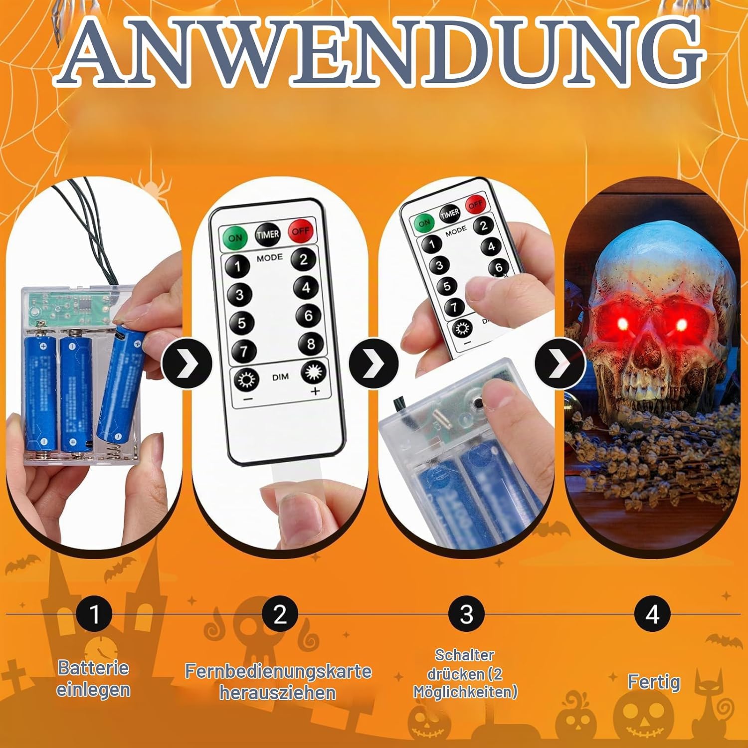 Detalle 2 de XIESUNUN LED-Augen-Dekoration, 4 Stück, rot, 8 Modi und Timer