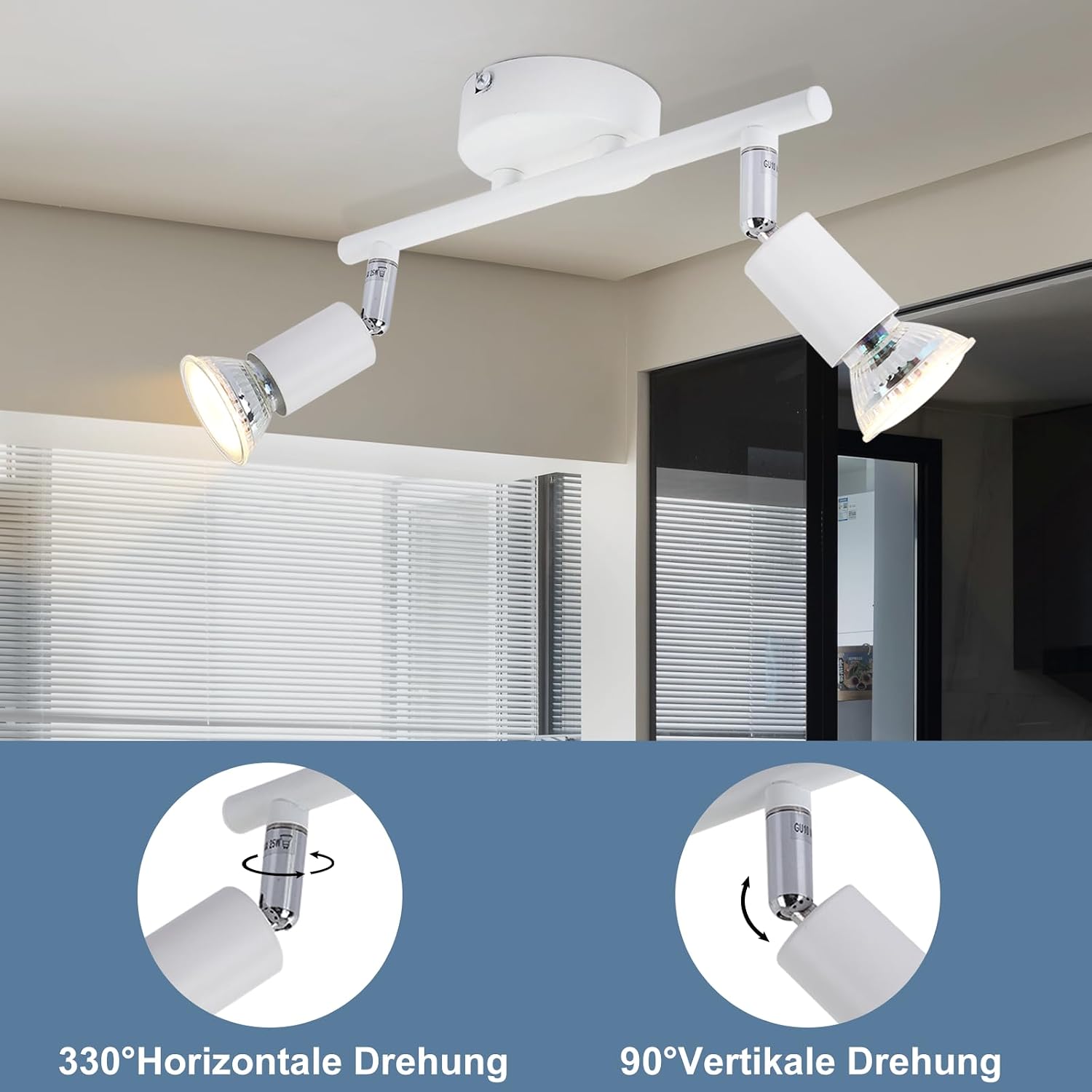 Detalle de Glitzerlife LED Deckenleuchte GU10 (2-flammig) mit drehbaren Köpfen in Weiß – moderne Deckenspots für Räume wie Flur & Küche