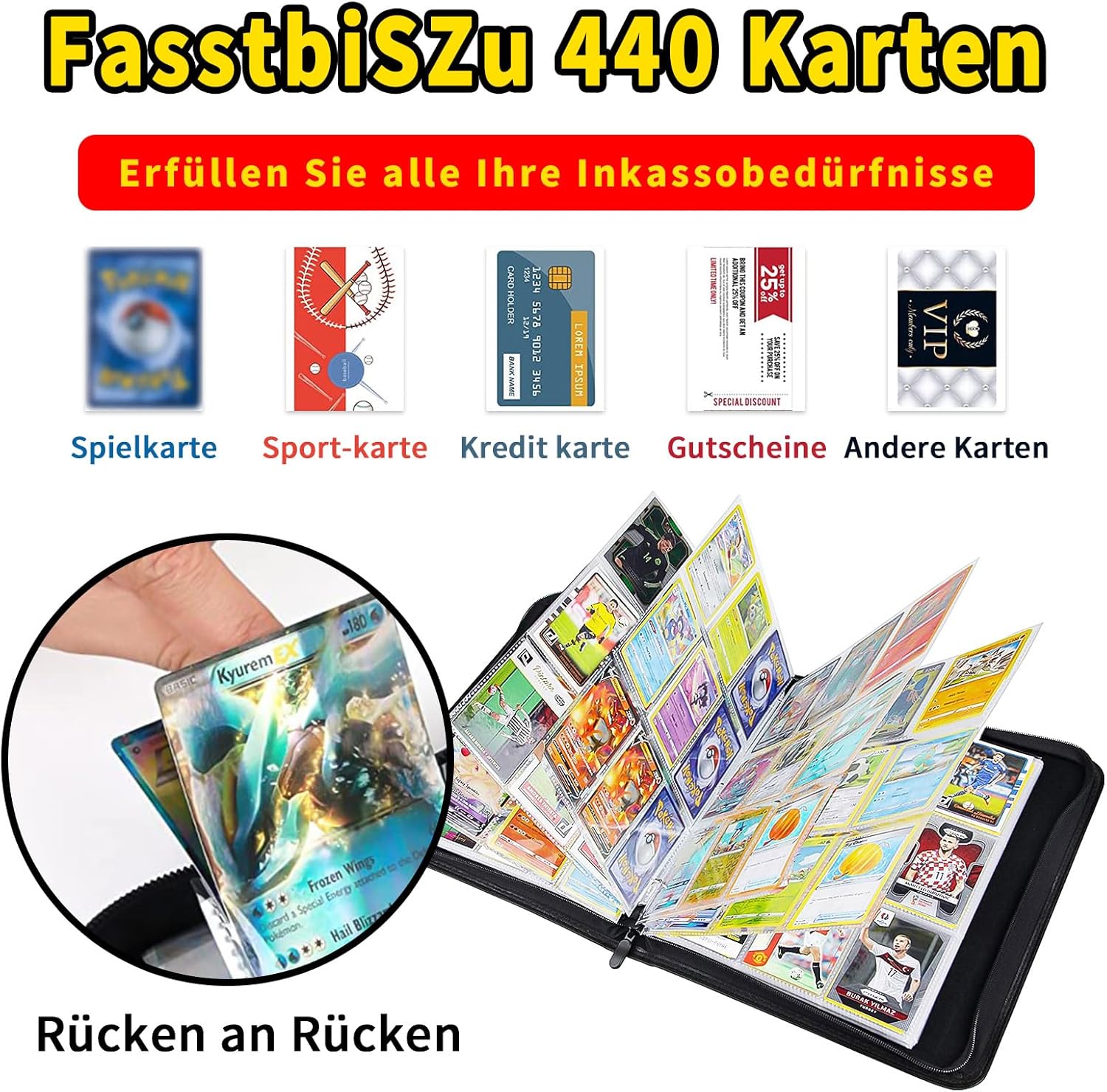 Thumbnail 4 de HazyZany Sammelkarten Album – 55 Seiten, 440 Karten Kapazität, PU-Leder, wasserdicht, Reißverschluss
