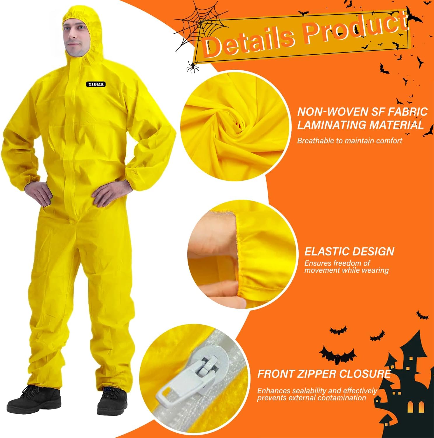 Thumbnail 1 de YIBER Disposable Coverall, Yellow XX-Large, Lightweight Polypropylene, Zipper