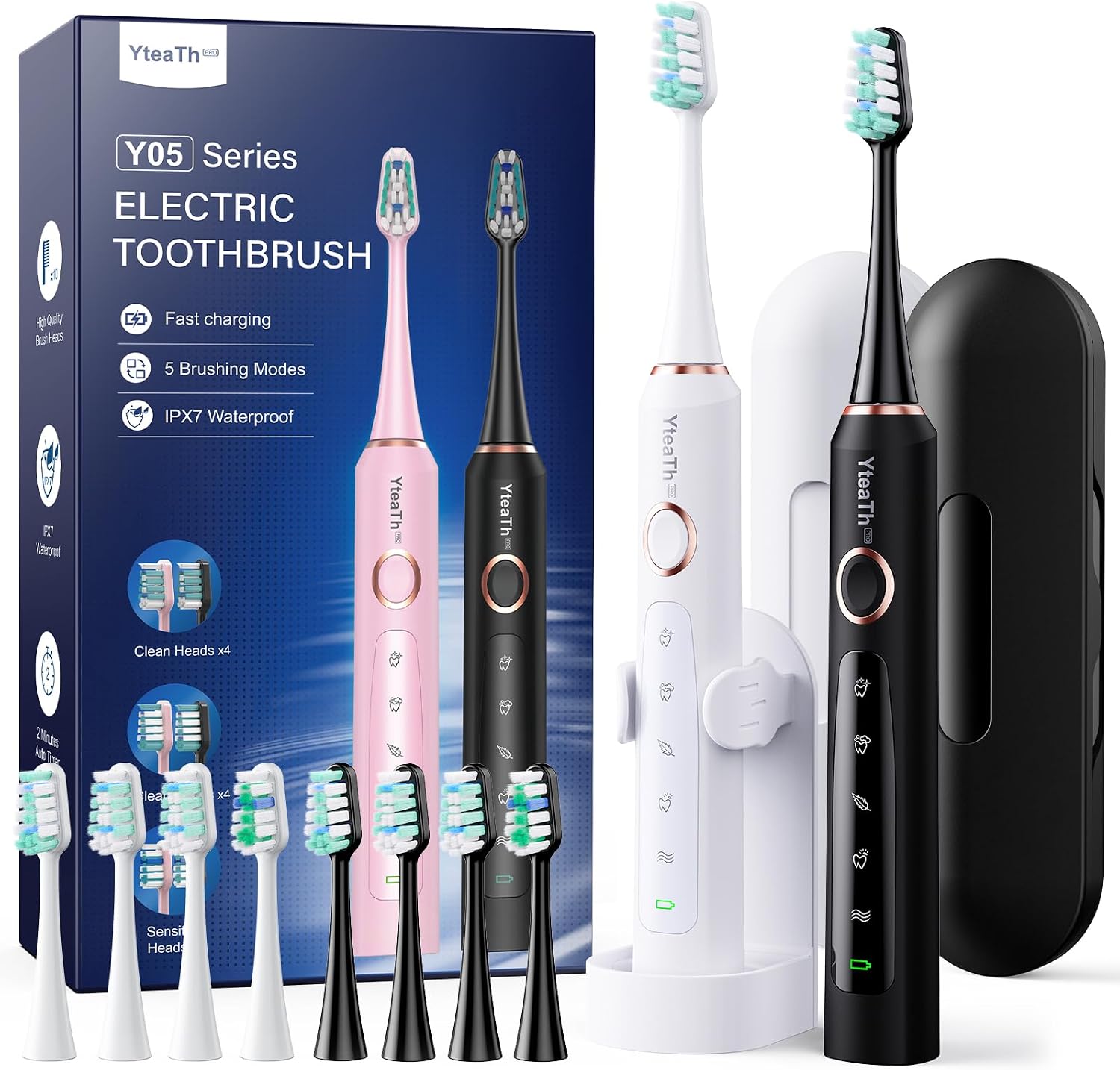 Detalle de YTEATH PRO 2 Pack Sonic Electric Toothbrush Set (Adults & Kids) with 10 Brush Heads, 5 Modes and Travel Case