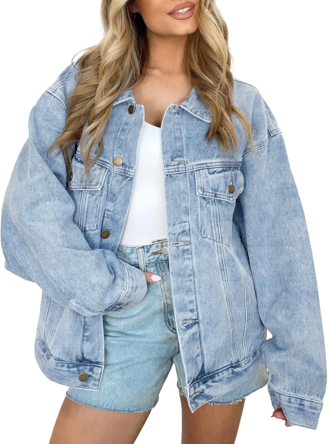 Detalle de AUTOMET Women's Button Down Oversized Jeans Jacket with Pockets — Classic Denim, Loose Boyfriend Fit