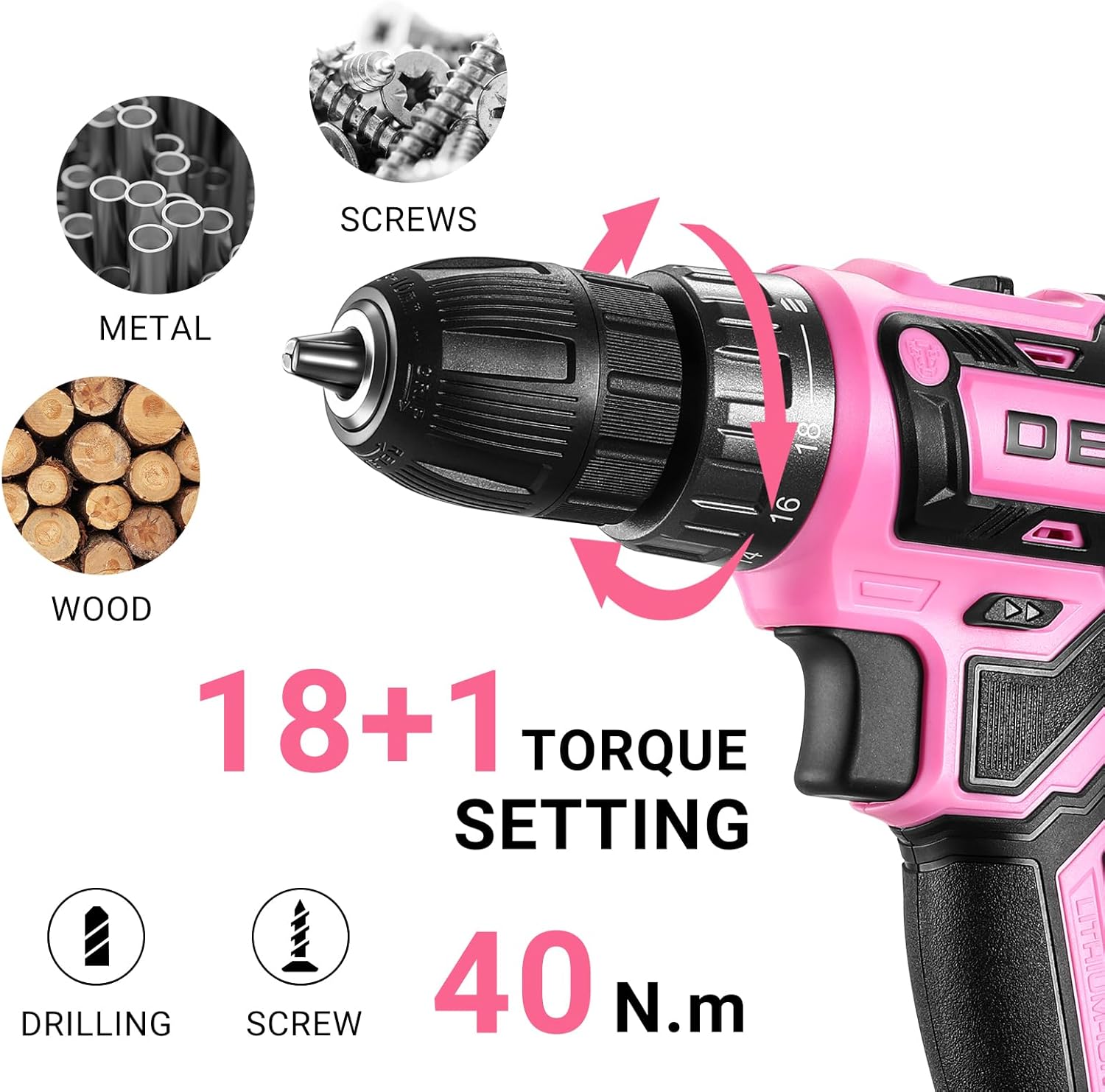 Thumbnail 4 de DEKOPRO Akkuschrauber Set 2 Akkus – 60 Min Schnellladung, 40 Nm, LED, rosa