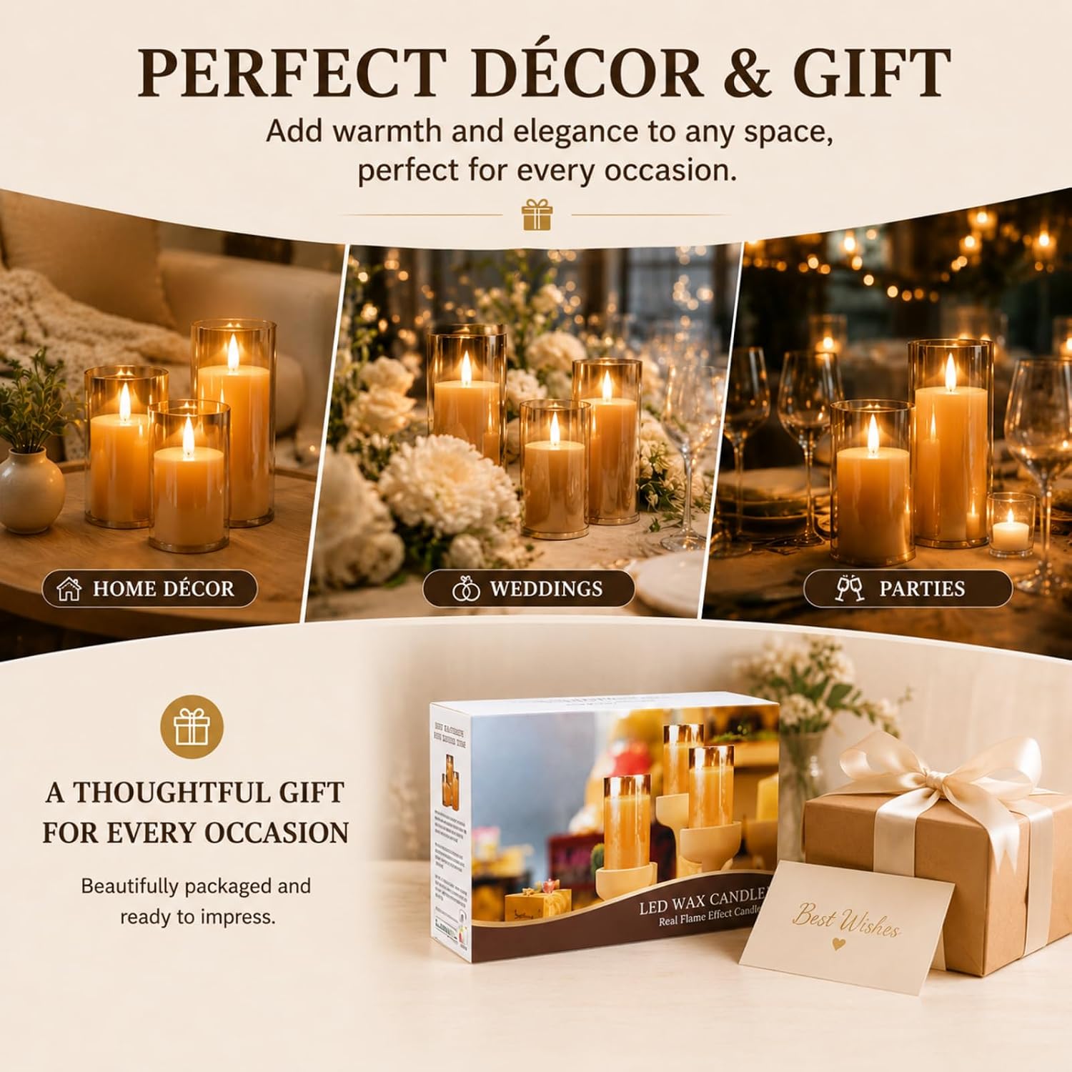 Detalle de YMing battery-operated flameless LED candles set (gold glass pillar) with remote timer – realistic flicker wick flame mode