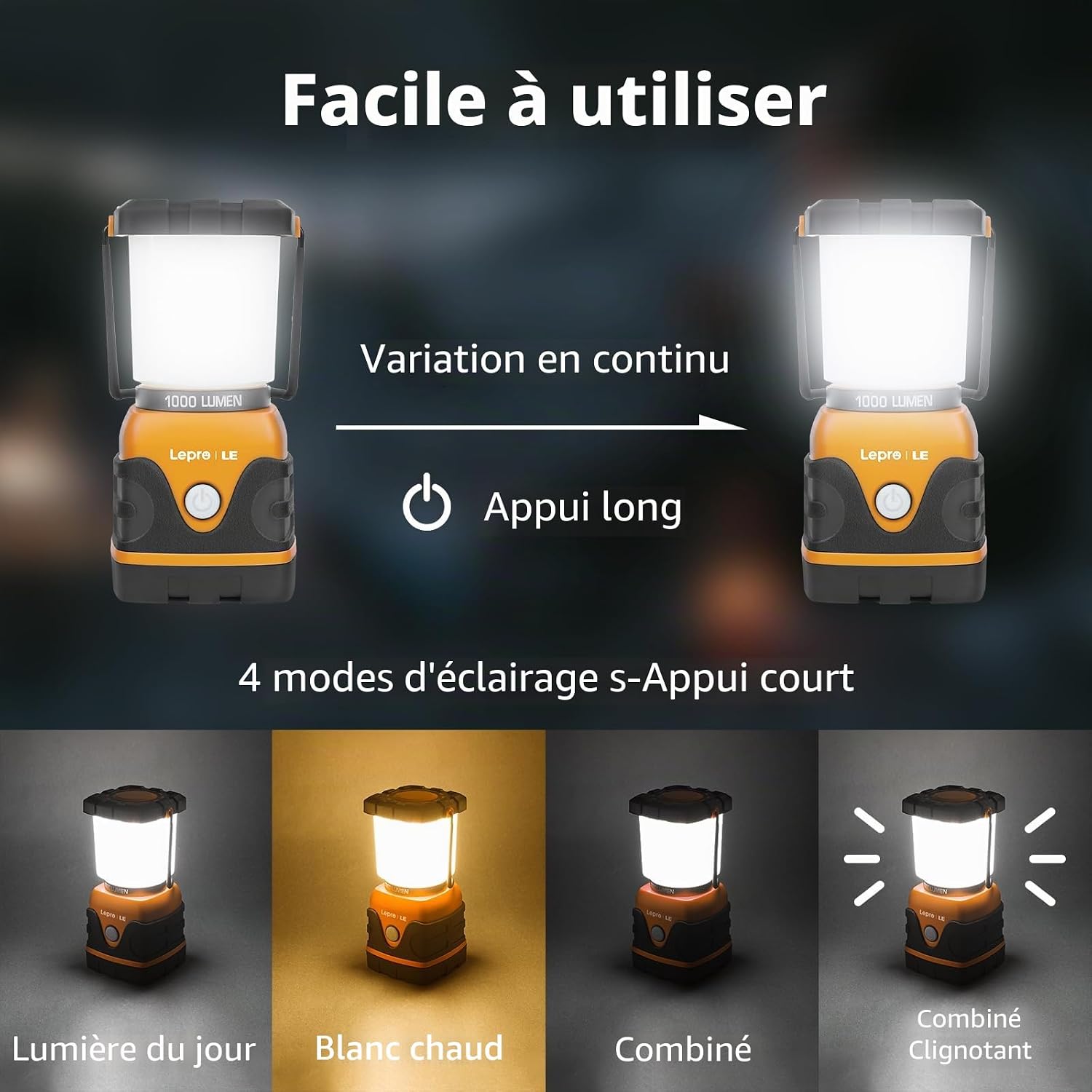 Detalle de Lepro Lampe Camping LED 1000 lm : lanterne étanche réglable pour camping, bivouac et pêche