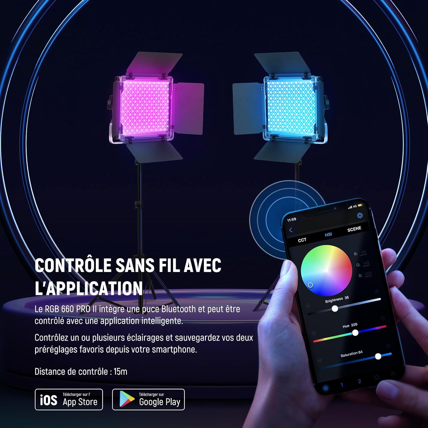 Thumbnail 3 de NEEWER 660 Pro II RGB : pack de 2 lampes vidéo LED 50 W avec contrôle via app et trépieds