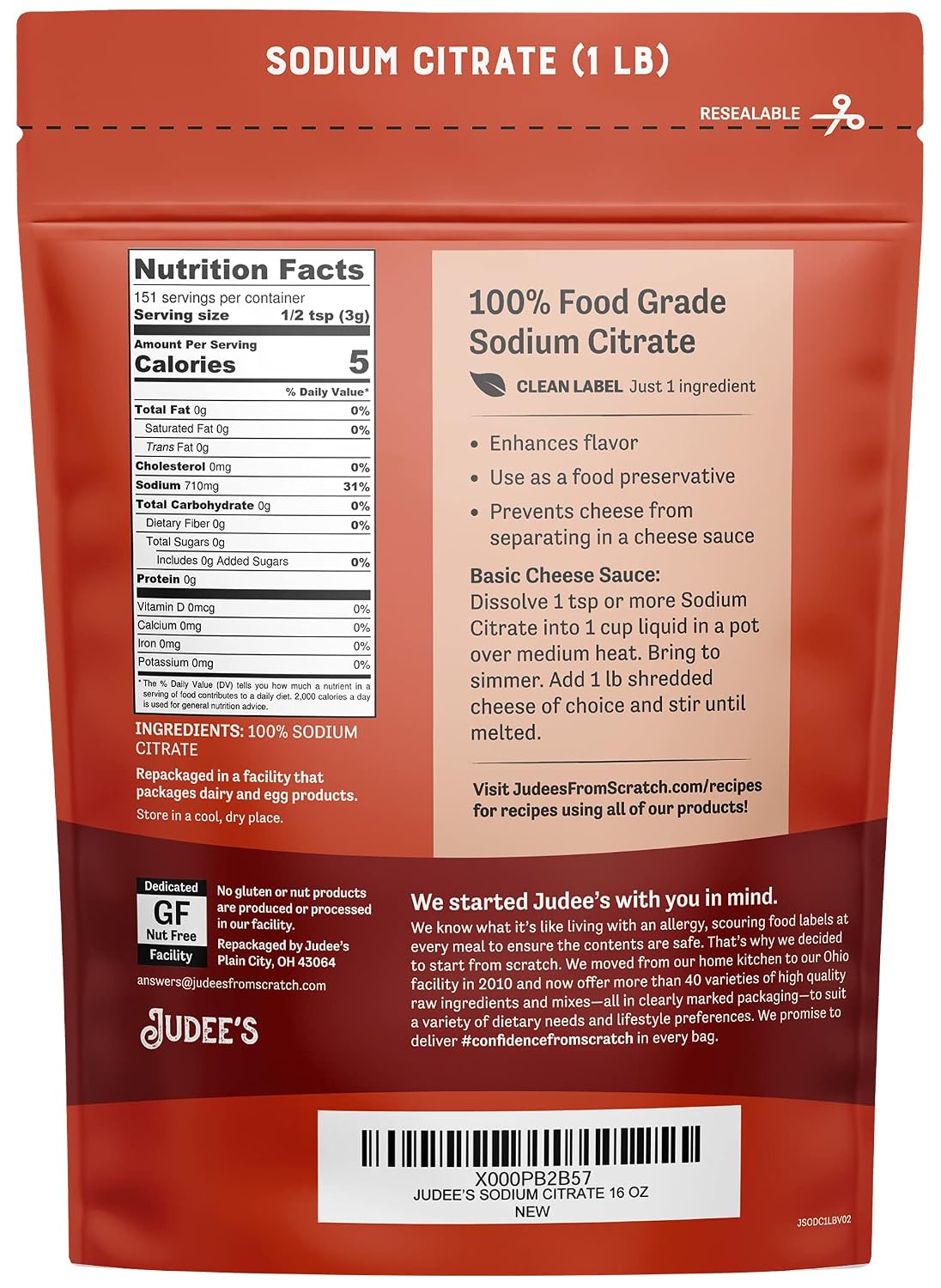 Detalle de Judee's Gluten Free Sodium Citrate Powder, 16 oz, Cheese Sauce Emulsifier