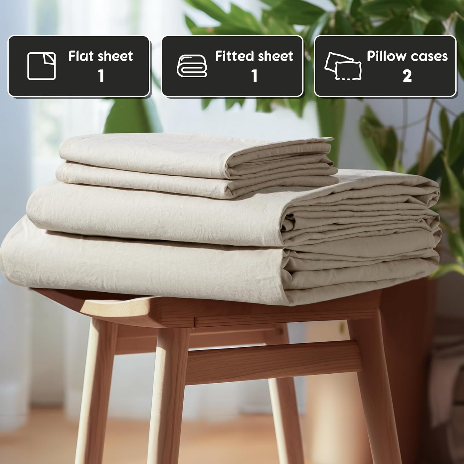 Thumbnail 6 de SONORO KATE 100% French Pure Linen Sheets – Queen, 24" Deep Pocket, Natural Linen