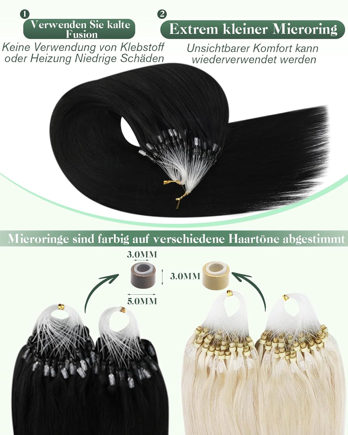 Thumbnail 2 de Ugeat Microring Extensions Echthaar Schwarz, Remy 45 cm (50g/50 Strähnen) – kaltfusion ohne Kleber
