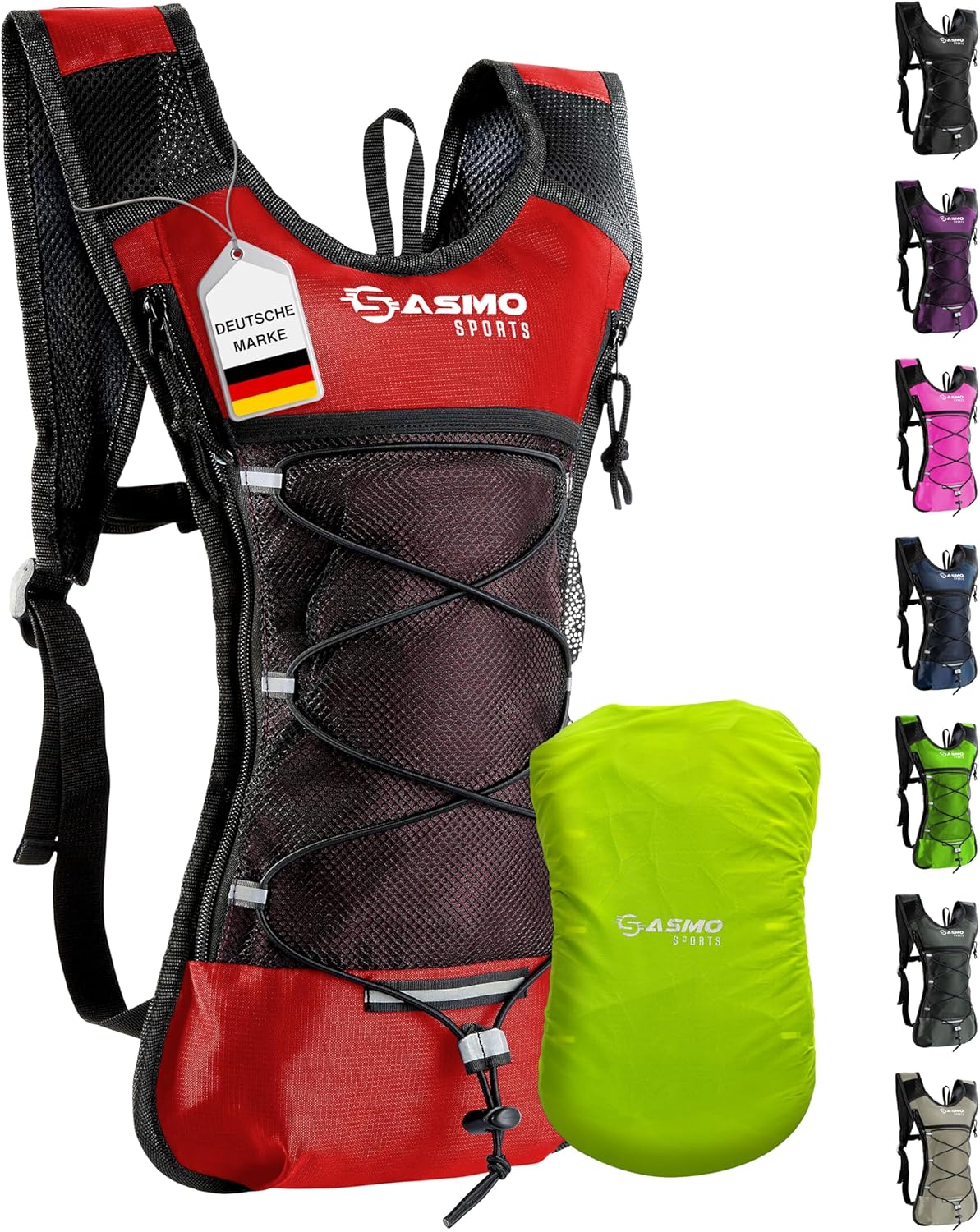 SASMO Sports Laufrucksack 6L (Rot) mit Thermofach – ultraleicht, mit Regenschutz und Reflektoren
