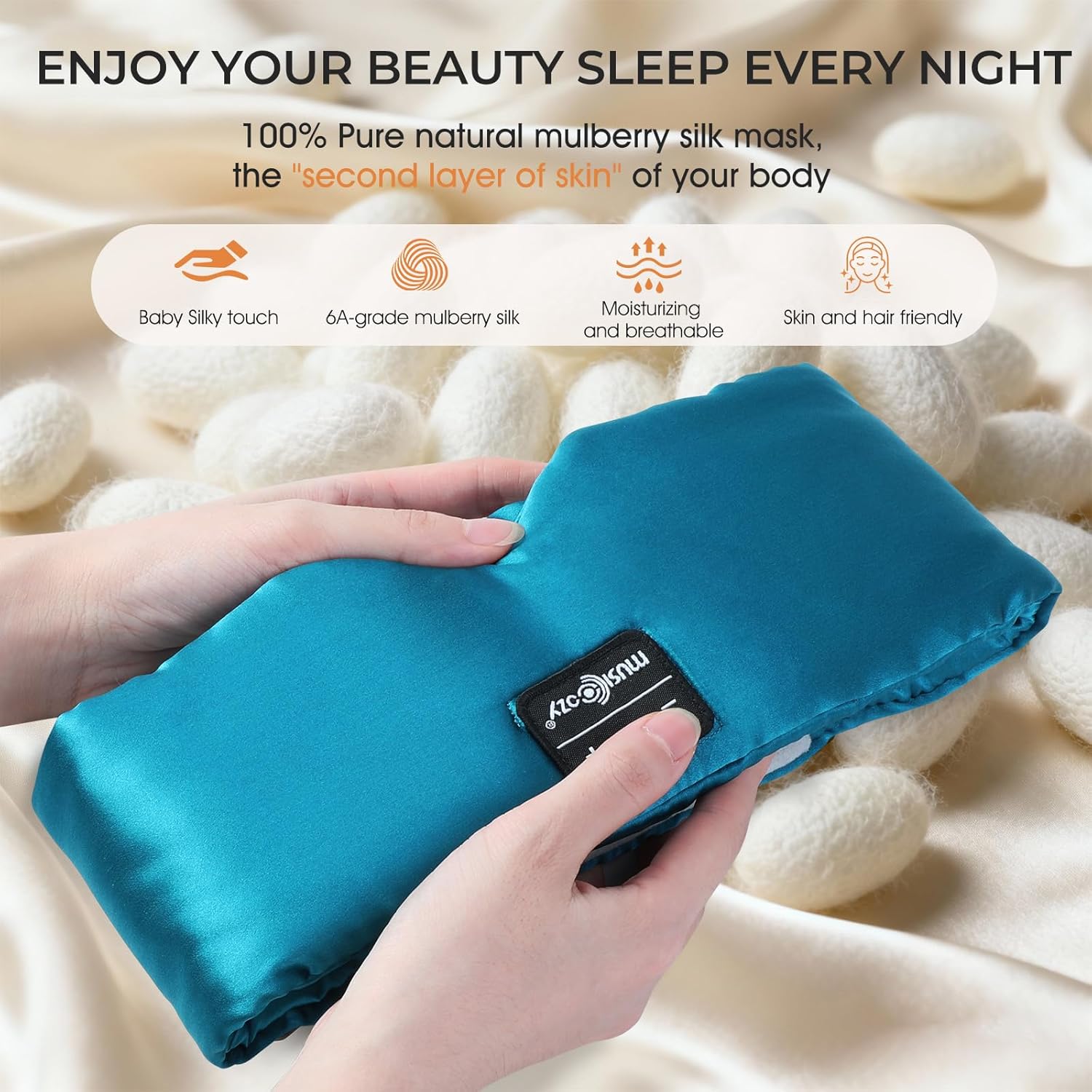 Detalle 2 de MUSICOZY Silk Sleep Mask Headphones with 100% Mulberry Silk, Bluetooth 5.4 and 14h Playtime