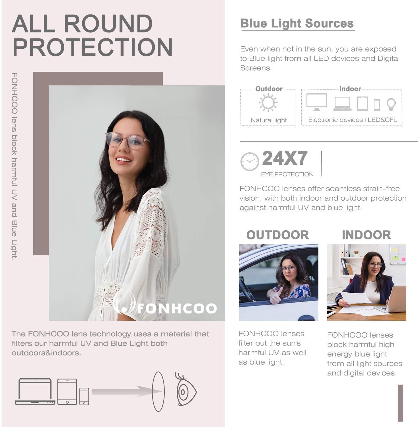 Thumbnail 4 de FONHCOO Blaulichtfilter Brille Damen TR90 – sehr leichte Gaming- und Computerbrille (ohne Sehstärke), durchsichtig hellbraun