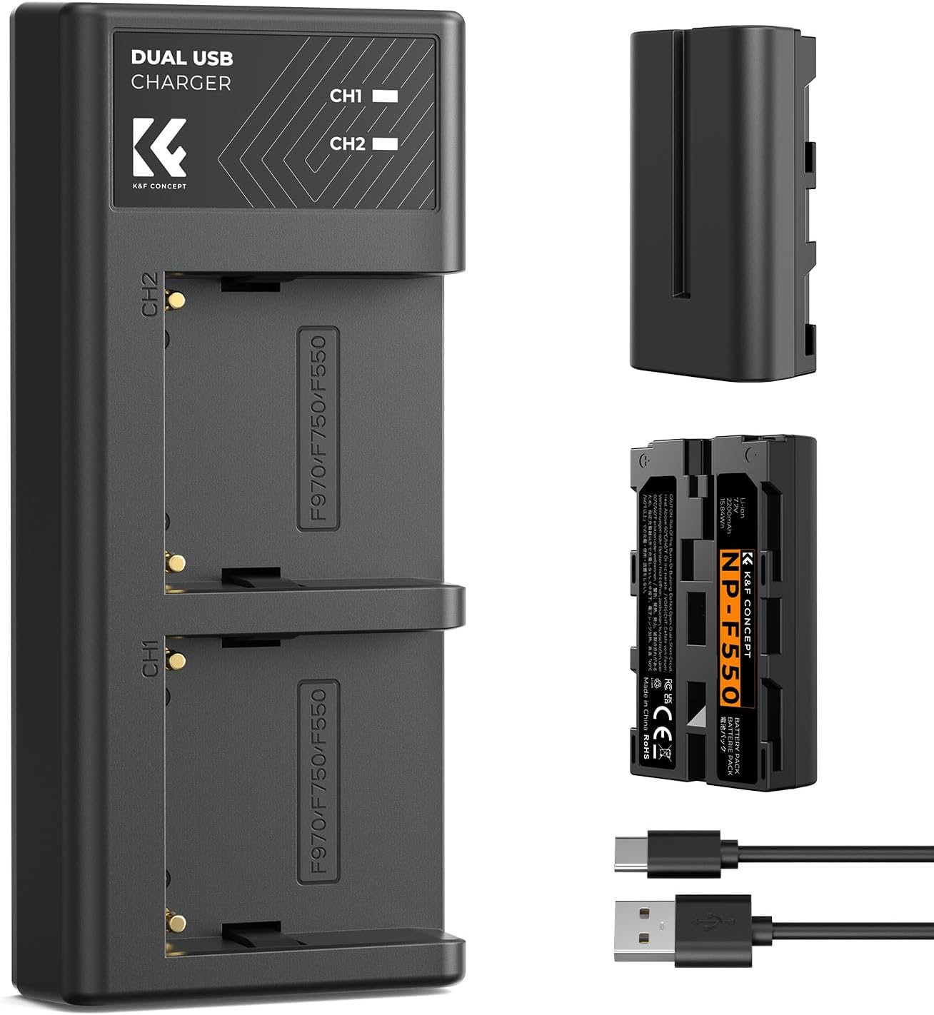 Detalle de K&F CONCEPT NP-F550 2er-Pack (2600mAh) + Dual-LED-Ladegerät-Kit für Sony NP-F550/F570