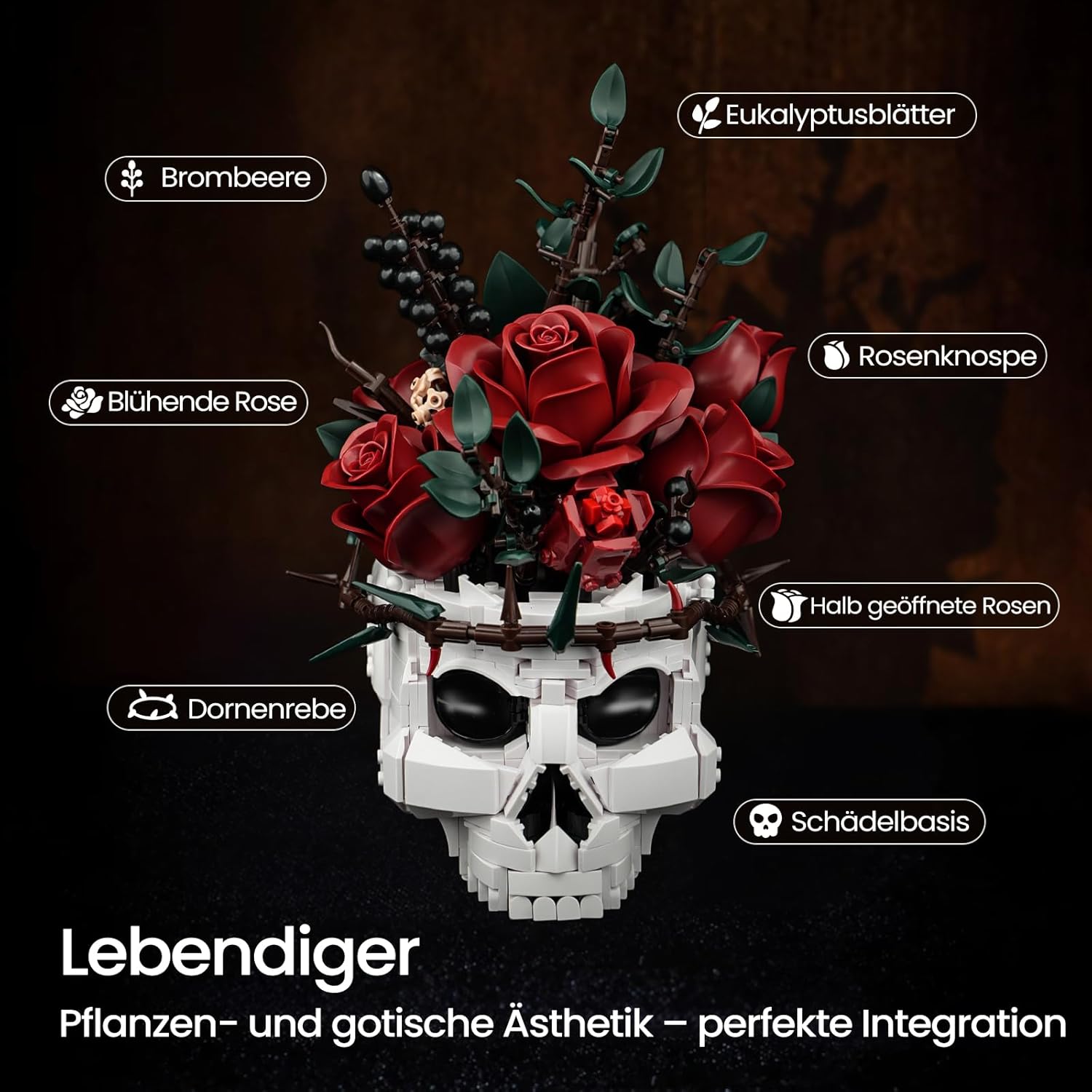 Thumbnail 3 de Set di bouquet di rose rosse con vaso a forma di teschio – Dekor gotico per la casa