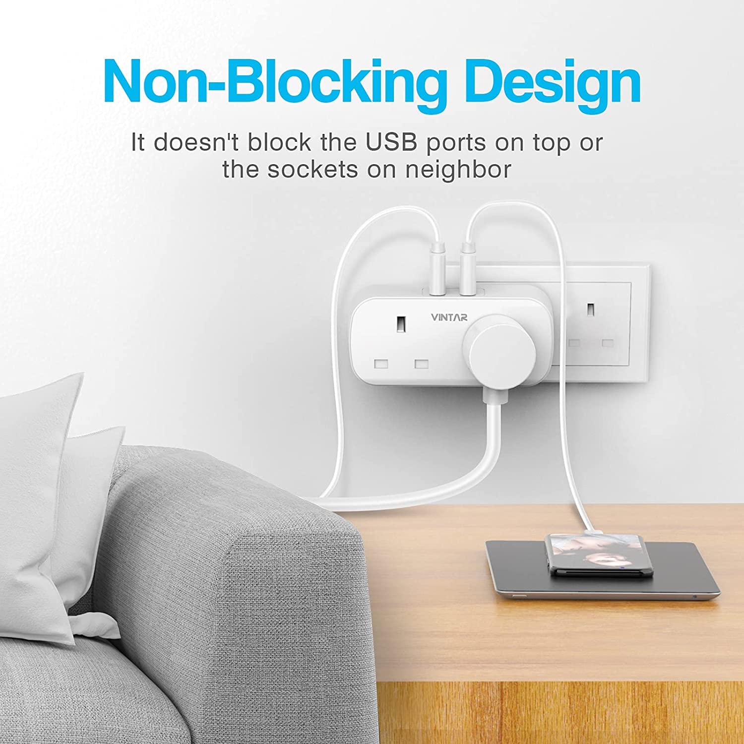 Detalle 2 de VINTAR Double Plug Adaptor with 2 USB, 13A Power Socket 🔌