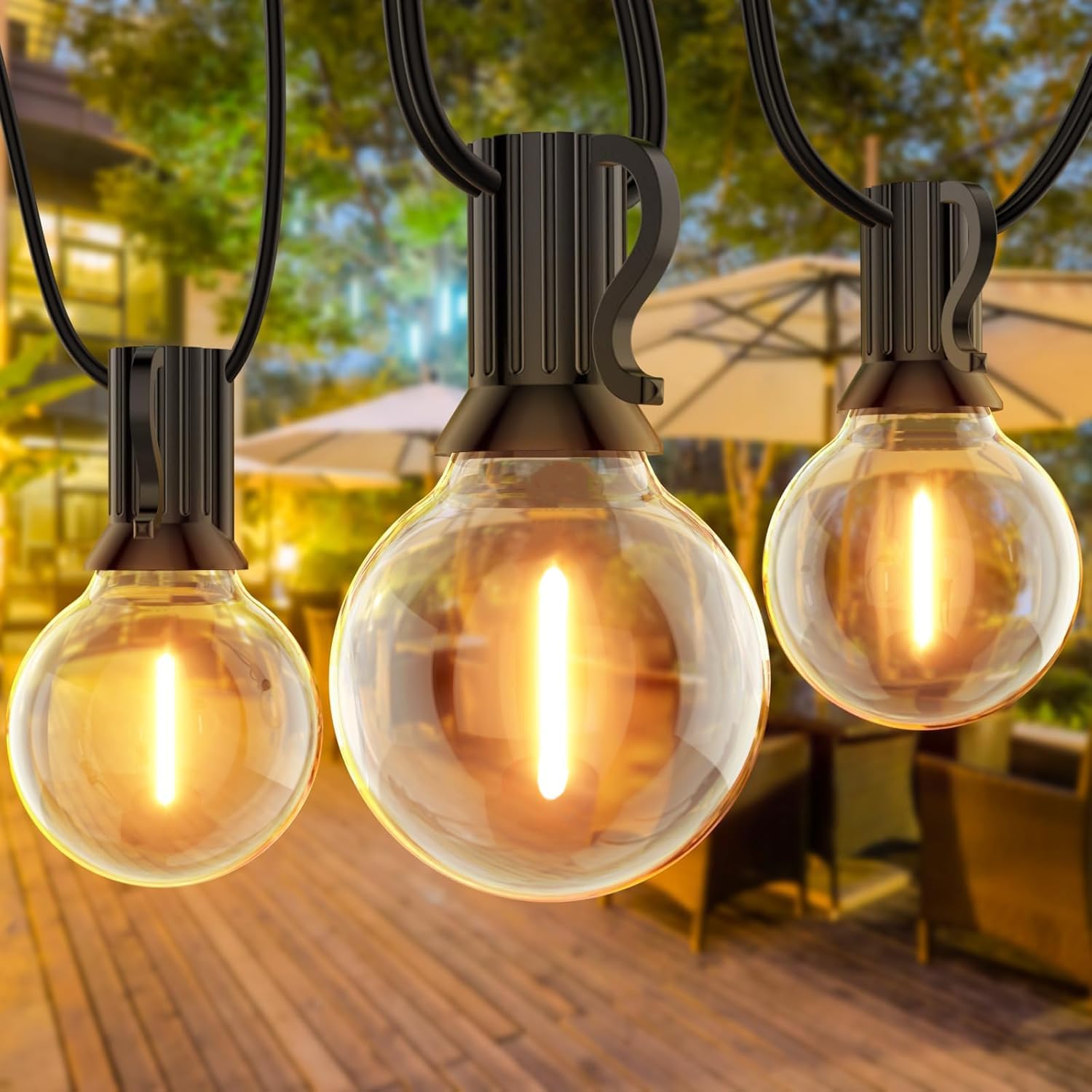 Detalle de FARNY G40-ljusslinga för utomhusbruk, 7,6 m, 24 V och varmvitt LED-ljus