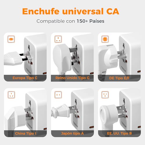 Detalle de TESSAN Adaptador Enchufe Universal de Viaje con 5 USB y Carga Rápida 65W GaN