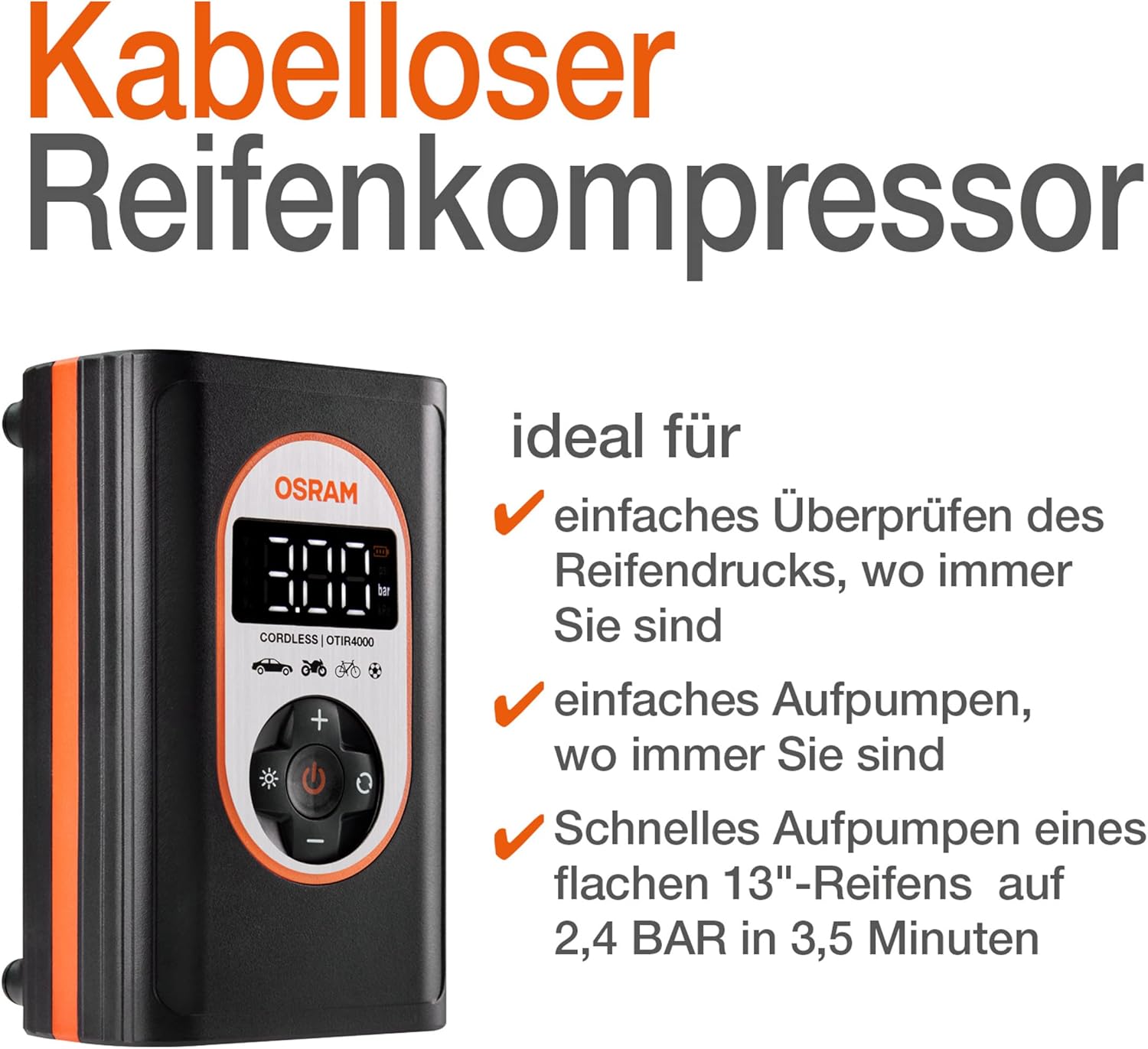 Thumbnail 4 de OSRAM TYREinflate 4000 – Kabelloser Reifenfüllkompressor mit Auto-Stopp und LED-Licht