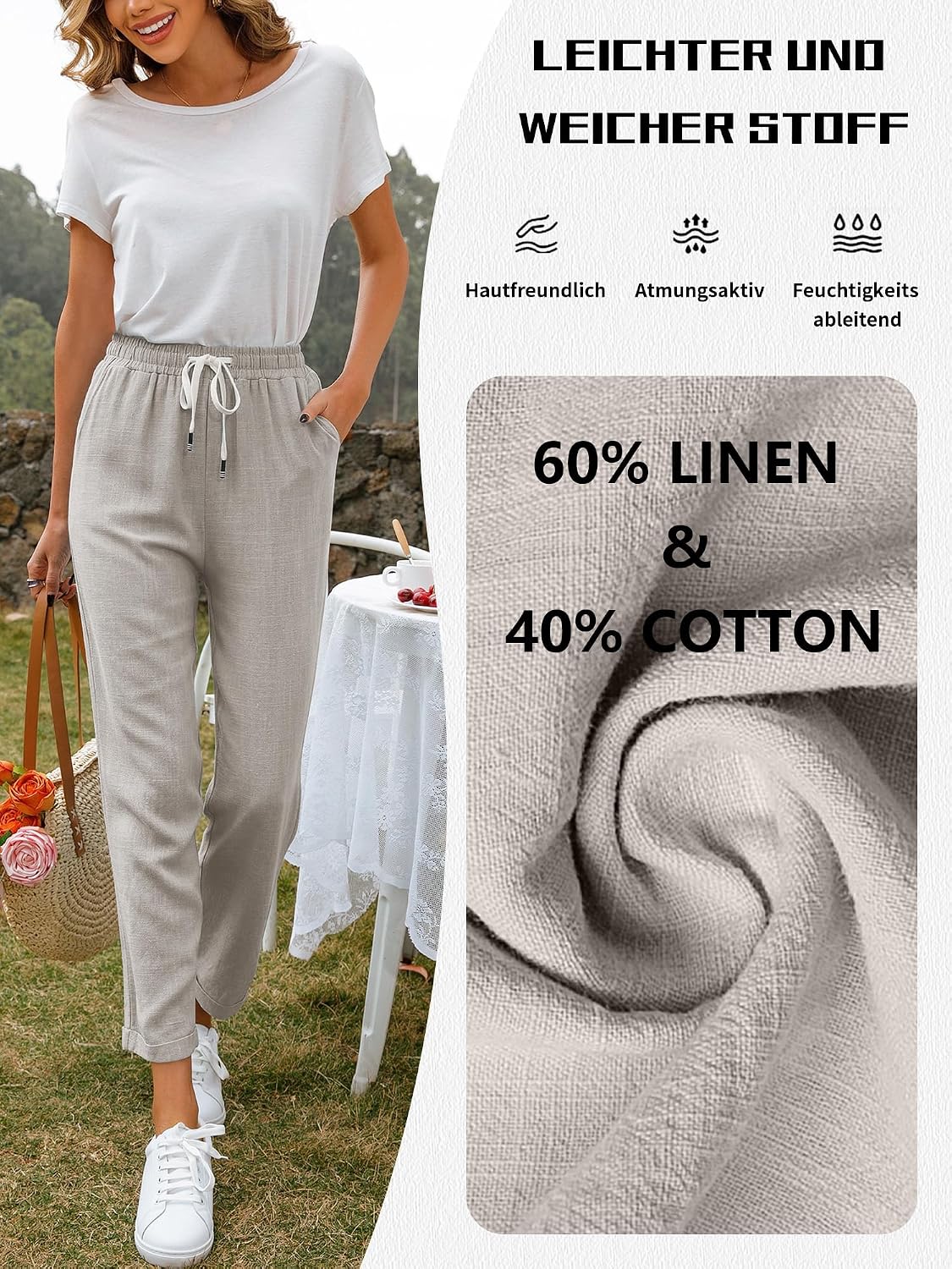 Detalle 2 de Hose Damen Leinen Sommerhose 7/8 Casual mit elastischem Bund und Taschen (60% Leinen, 40% Viskose)