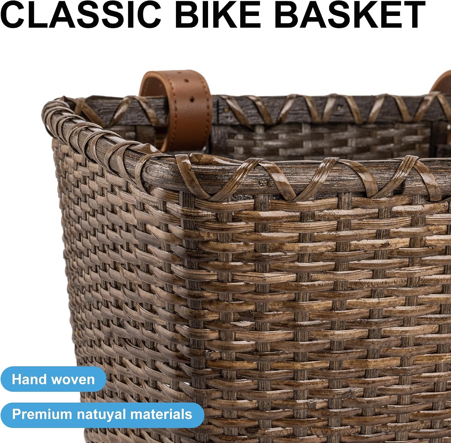 Detalle de KONG MING CAR fietsmand vooraan van handgevlochten rotan met houten bodem