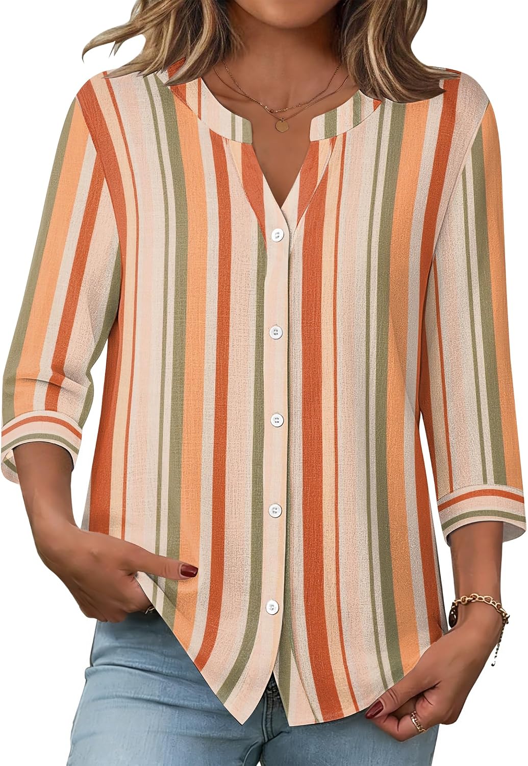 Detalle de Zeagoo Women’s Linen-Cotton Button-Down 3/4 Sleeve Top