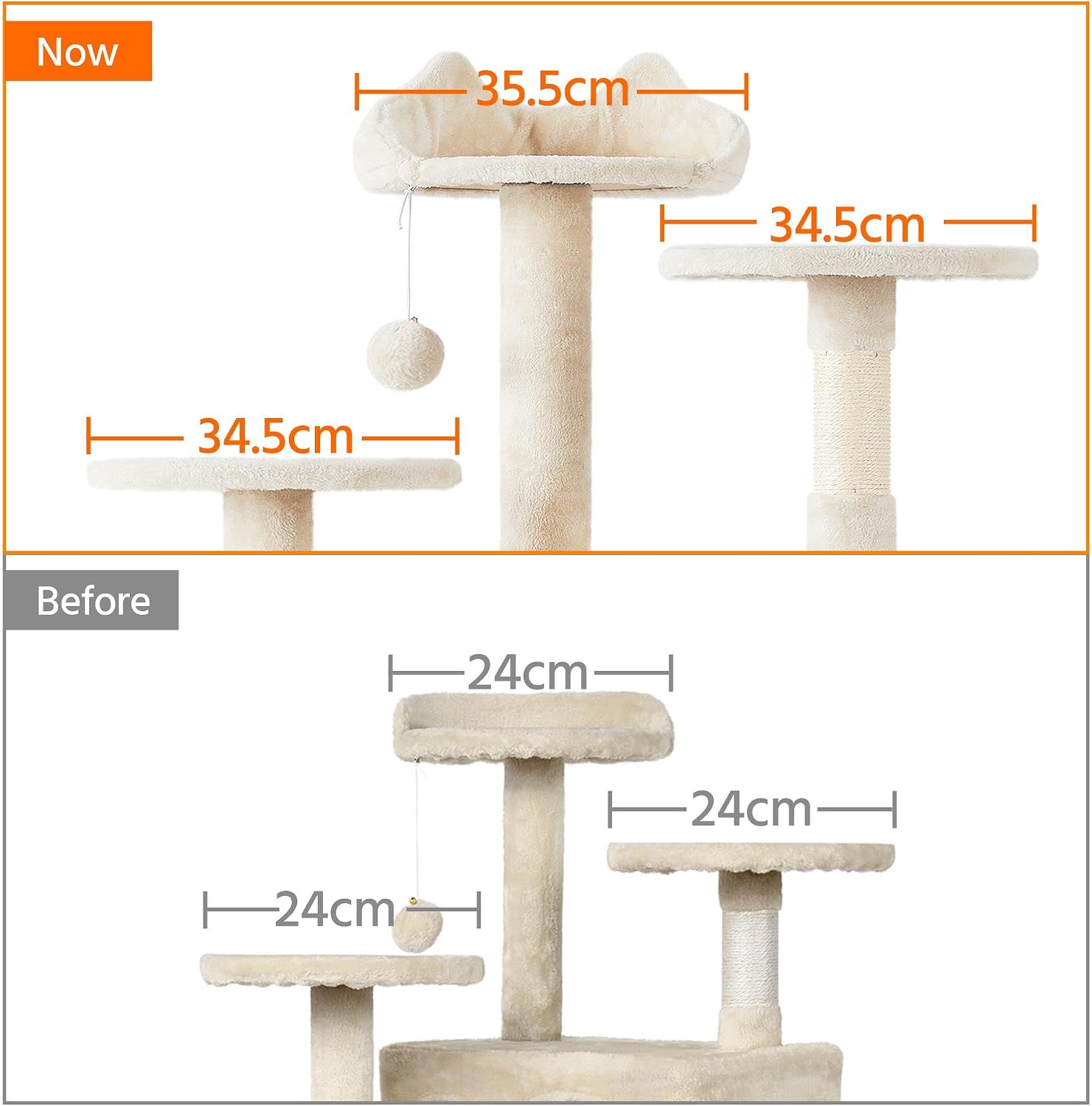 Detalle de Yaheetech Cat Tree (178cm) with Scratching Posts, 2 Condos, Perched Platforms & Dangling Balls – Beige