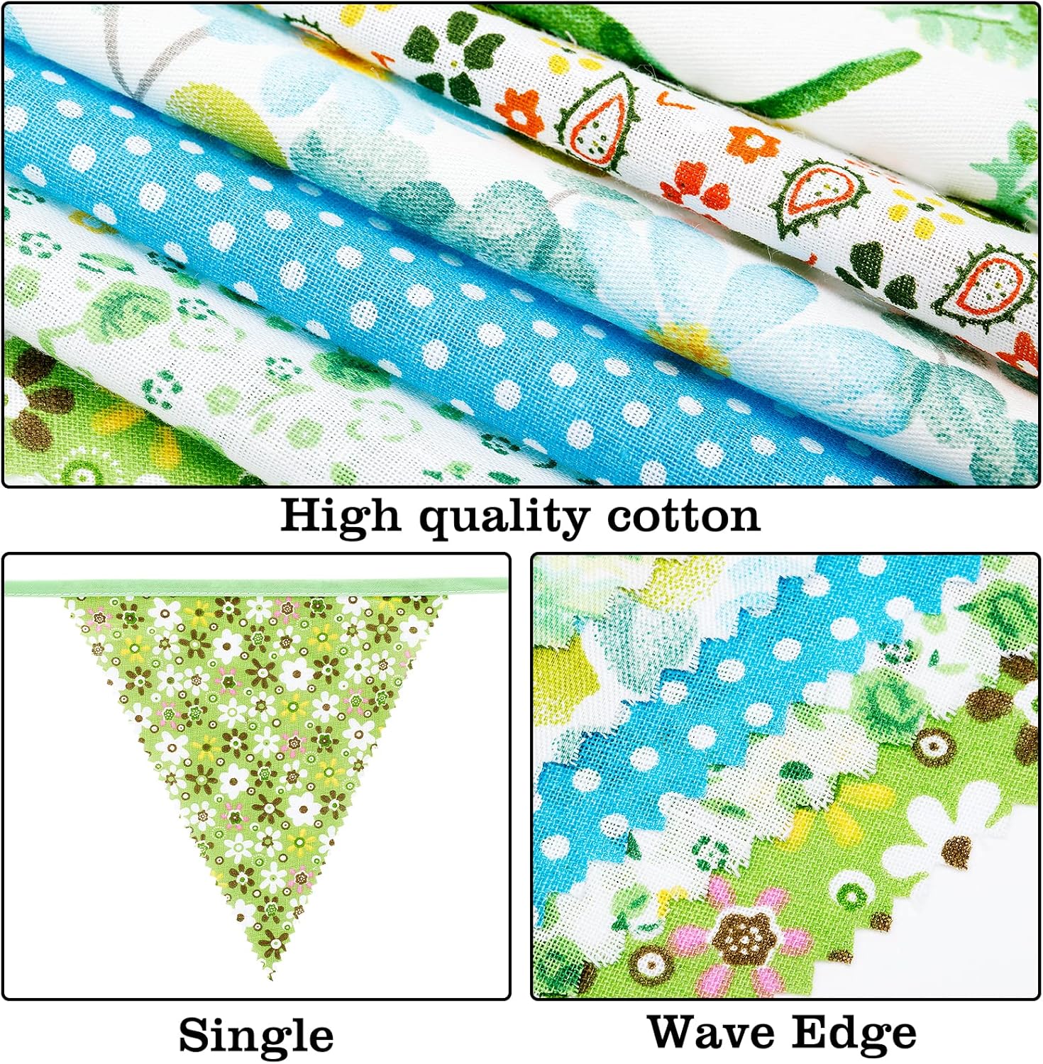 Thumbnail 2 de G2PLUS 12M Green Floral Bunting Garland (42pc cotton triangle banners)