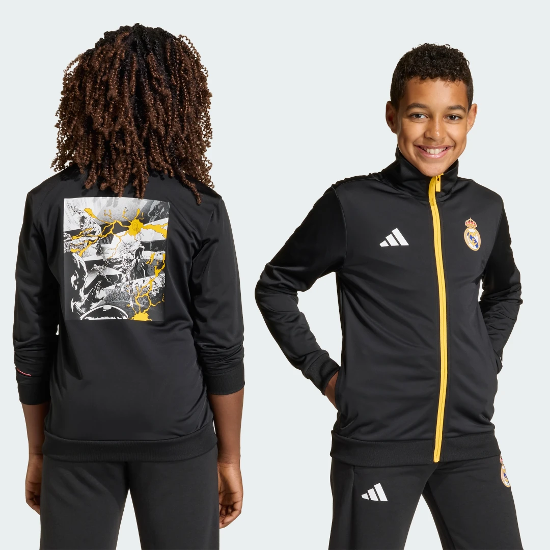 Detalle de Chaqueta deportiva adidas Real Madrid Avengers – Negro, para fans que buscan comodidad y estilo