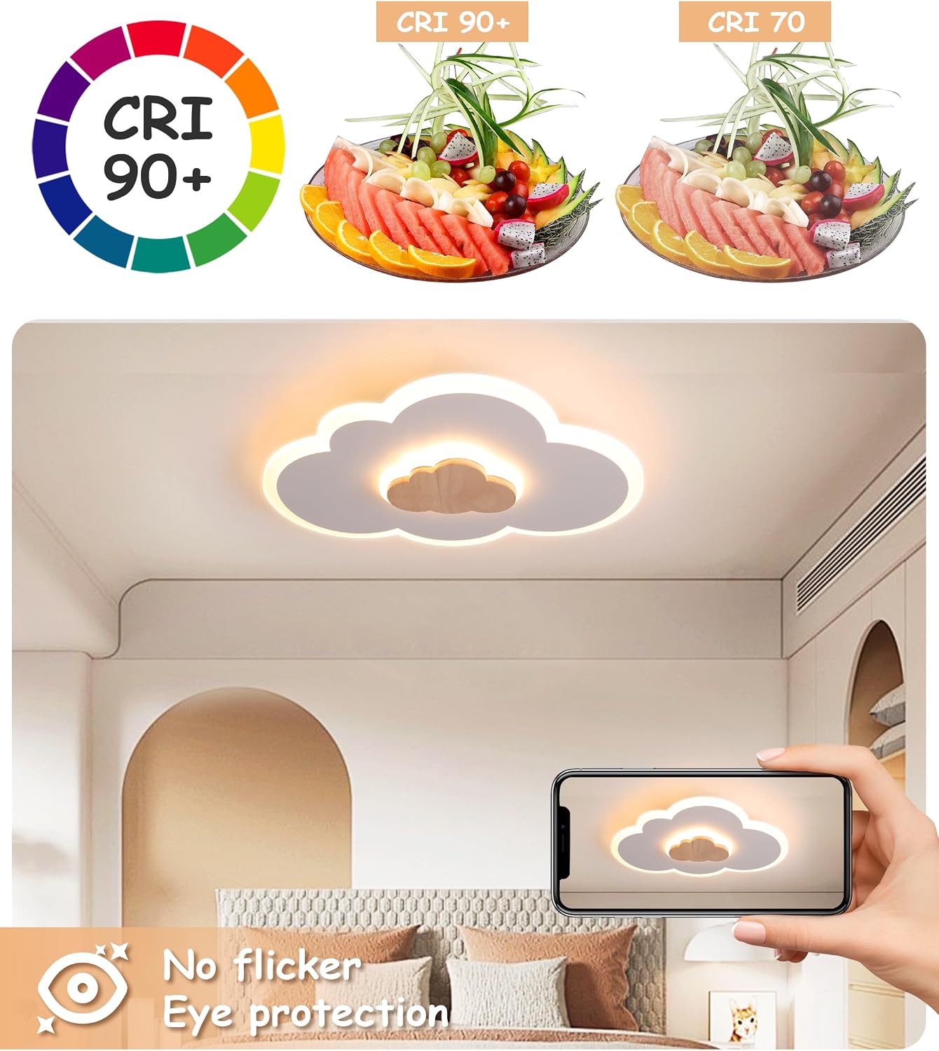 Detalle de FANLG LED-Deckenlampe Kinderzimmer, 40 cm | Wolkenlampe mit Holz-Details, Warmweiß 3000K, 20W