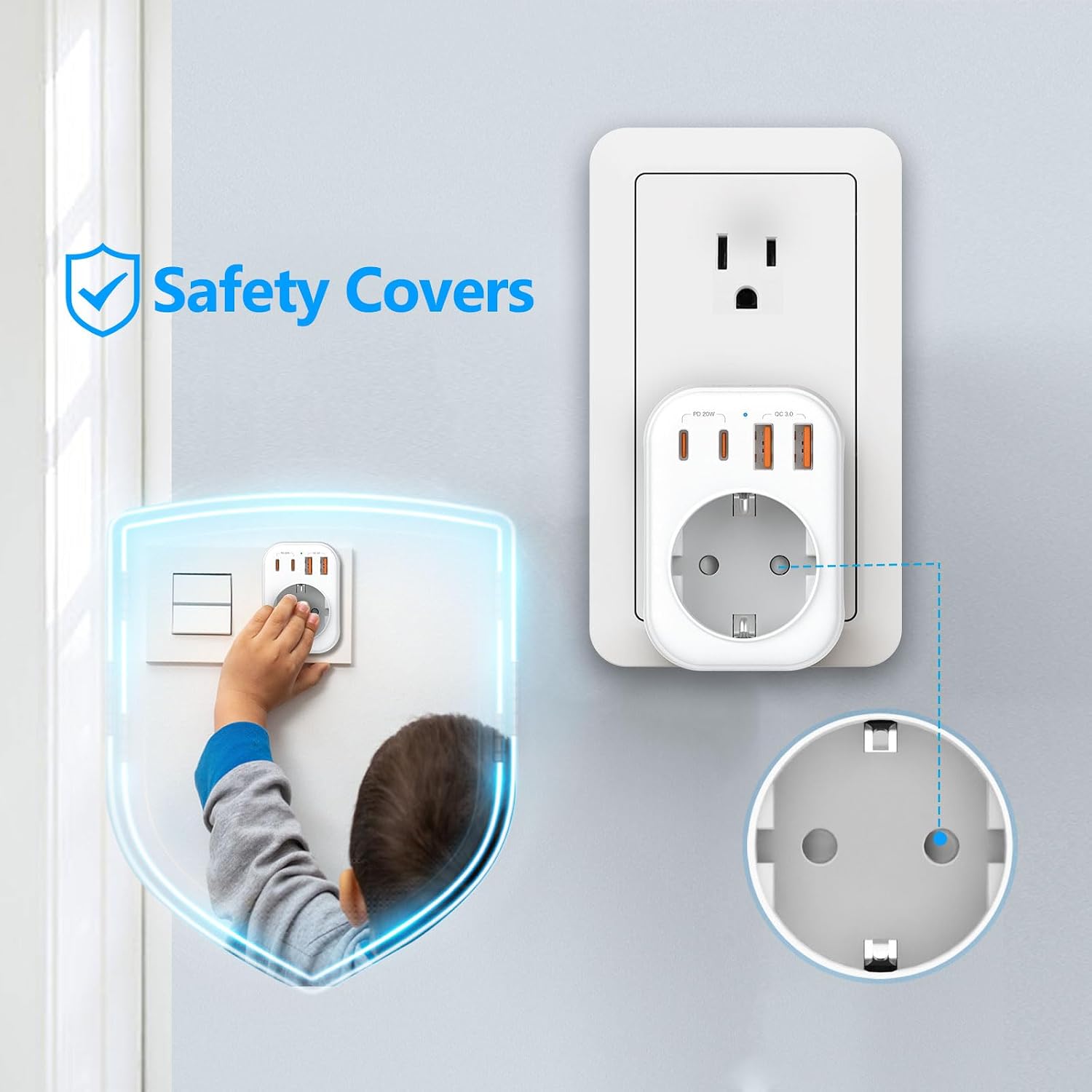 Thumbnail 5 de JSVER adaptateur prise USA 5 en 1 (France → USA/Canada) avec 2 USB-A et 2 USB-C (PD 20 W) — blanc