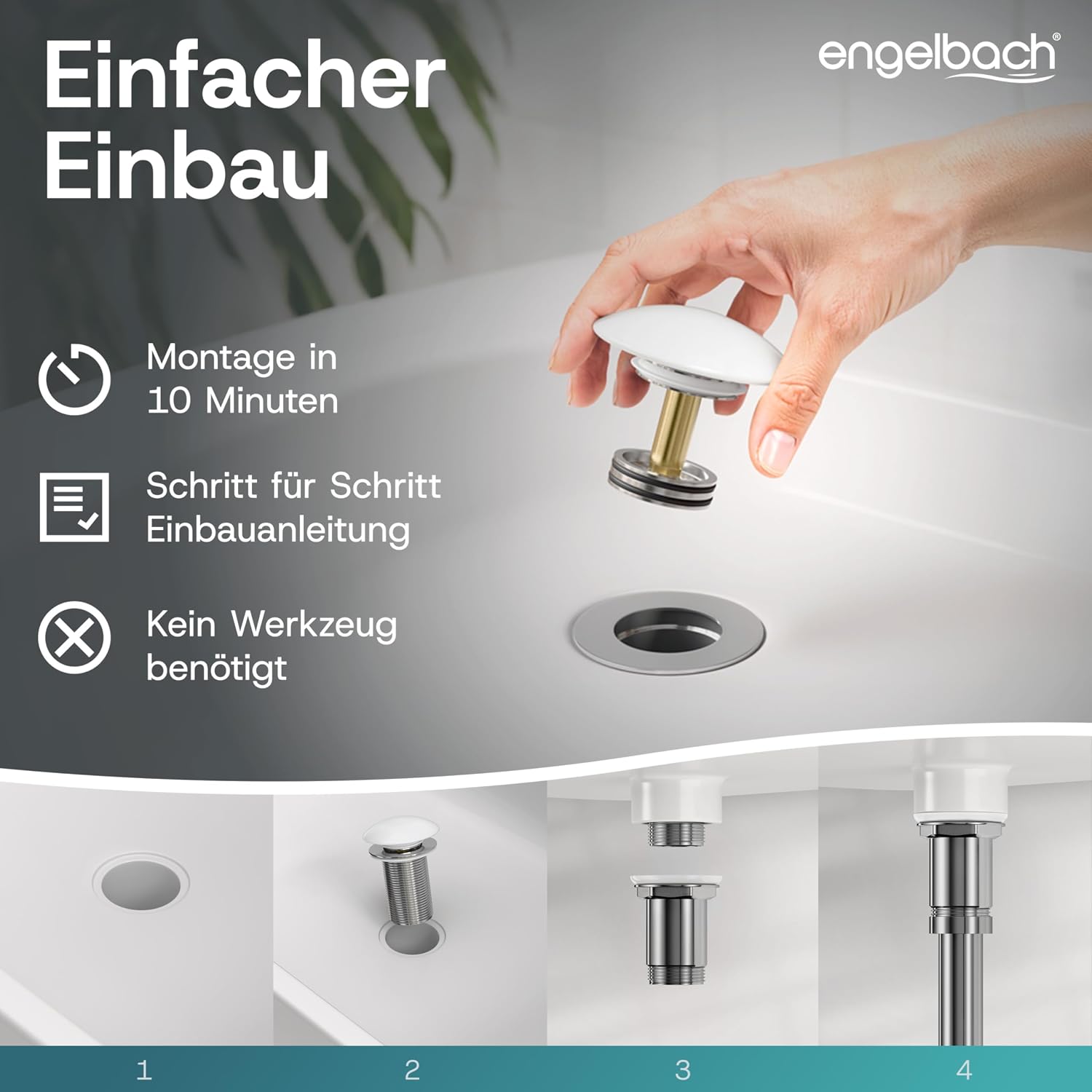 Detalle 2 de Engelbach Universal Waschbecken Ablaufgarnitur – Pop Up Ventil ohne Überlauf, ausziehbarer Stöpsel mit Haarsieb inkl. Anleitung