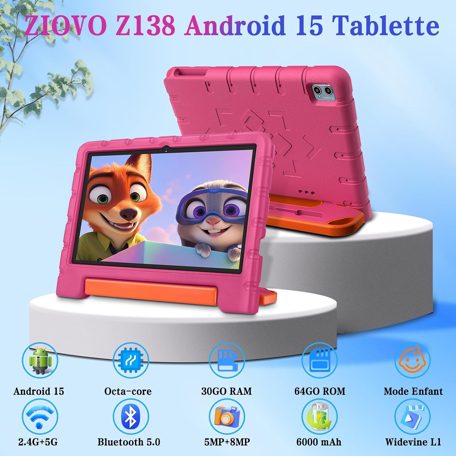 Detalle de ZIOVO Tablette Enfants Android 15 10" • 30Go RAM + 64Go ROM + Ext. TF 2To • Gemini AI • Face ID • 6000 mAh