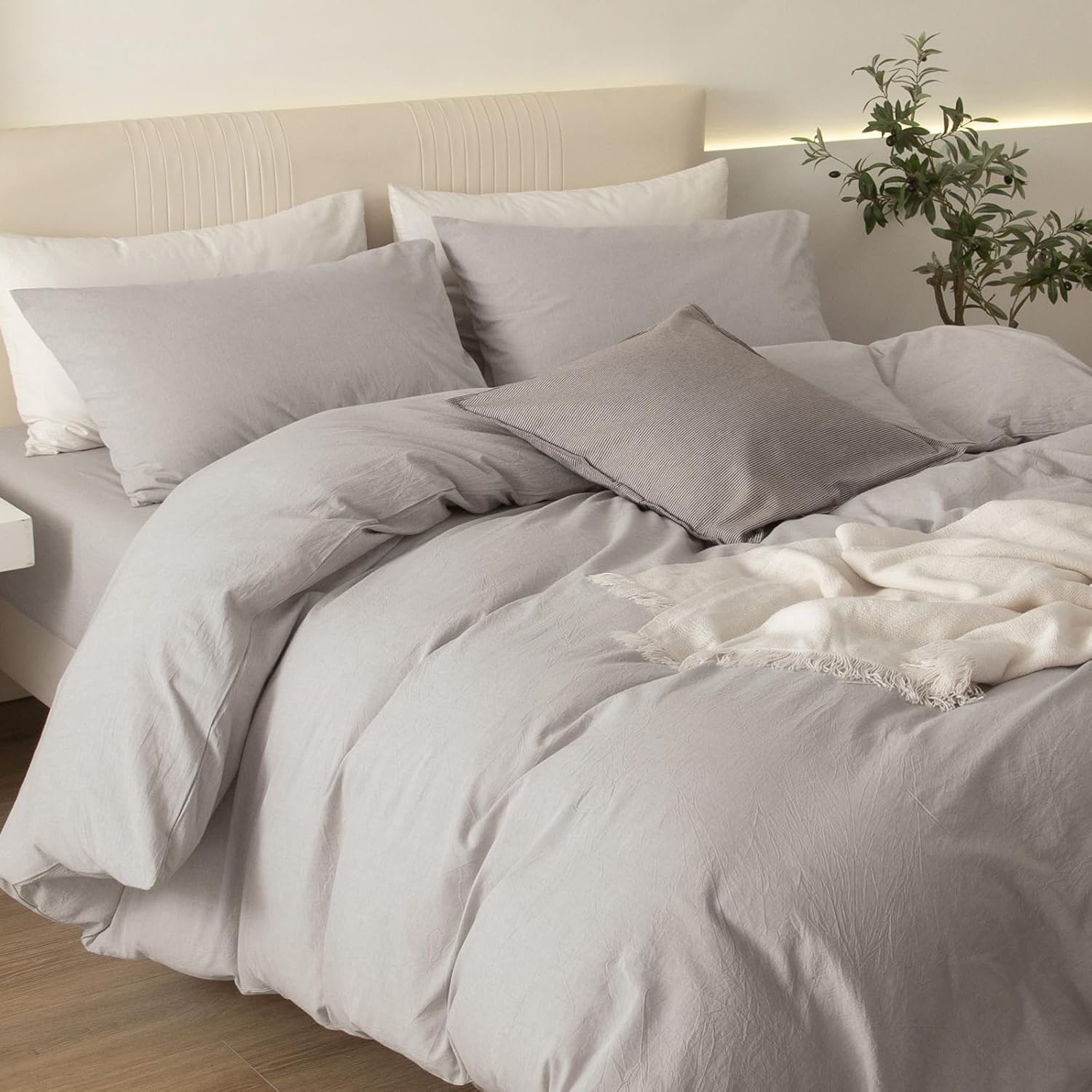 Thumbnail 3 de JIYUAN Alaska King Duvet Cover Set (3-Piece) in Heathered Cream Grey — 100% Washed Cotton, Hidden Zipper