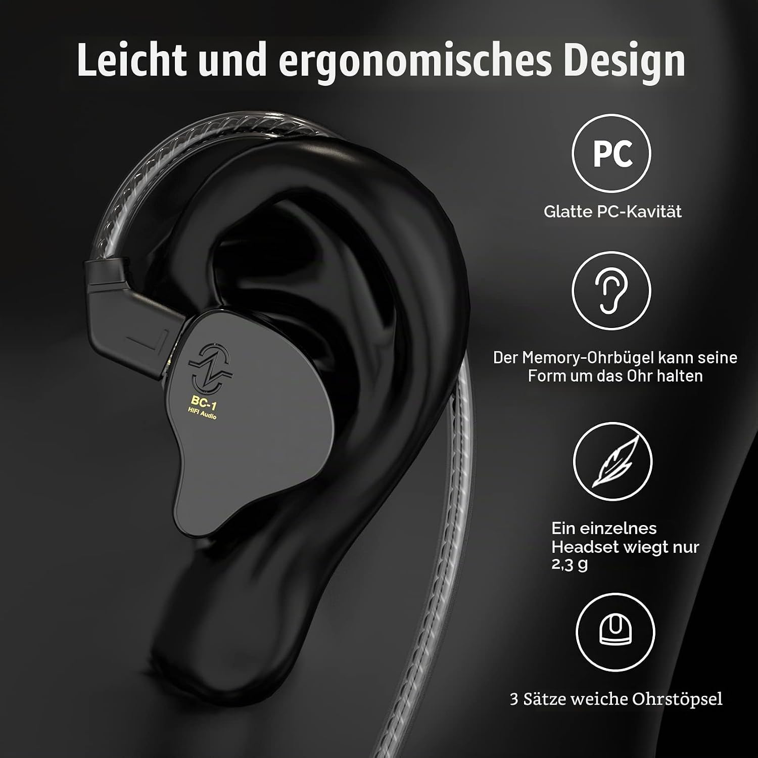 Detalle 2 de CCZ Melody In-Ear-Monitore – kabelgebundene Hybrids mit 1DD 1BA, Low-Weight IEM mit Ohrflossen
