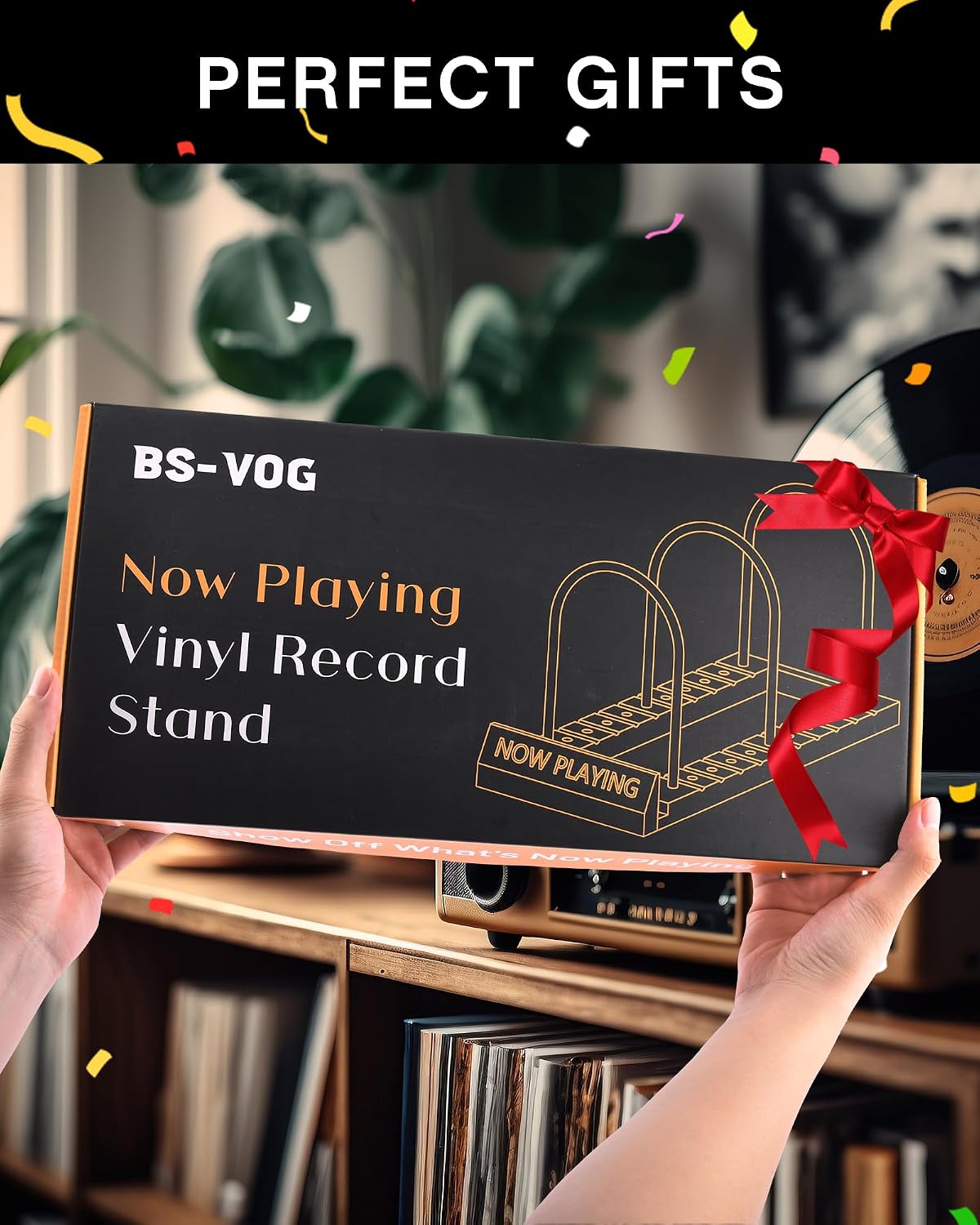 Detalle de BS-VOG Now Playing Vinyl Record Stand (50 LP) – wood spinning record holder with non-slip grooves