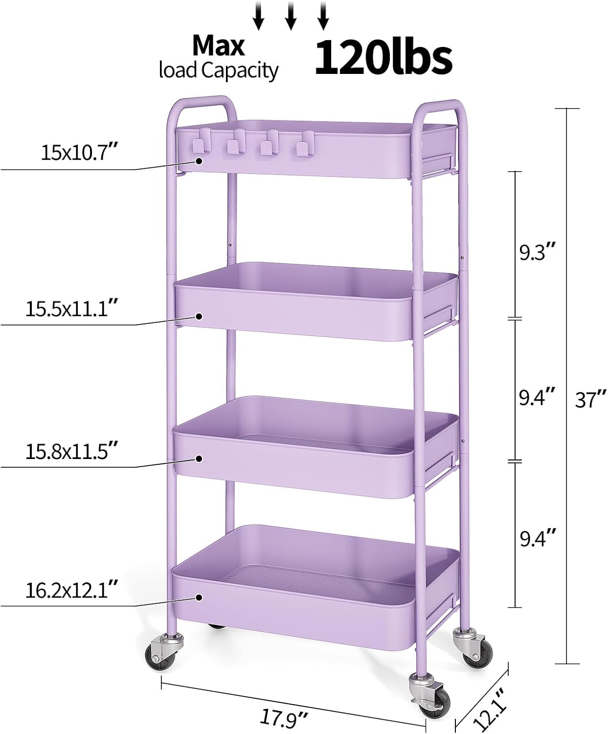 Detalle 2 de TOOLF 150106 4-Tier Metal Rolling Cart with Lockable Wheels, Purple