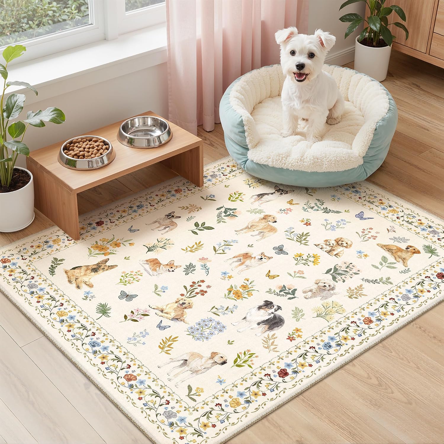 Thumbnail 1 de Soalmost 2' x 3' Beige Dog Rug, Washable Low-Pile Floral Area Rug