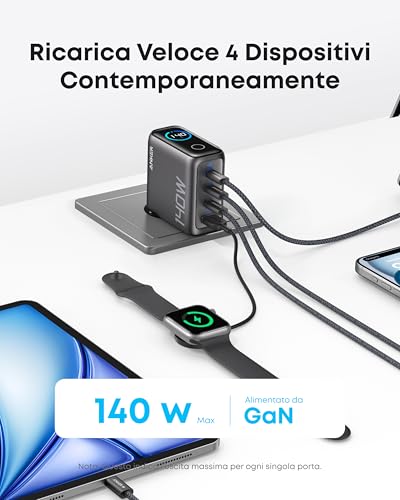 Detalle de Anker caricatore USB-C 140 W GaN 4 porte, compatto e rapido (nero)