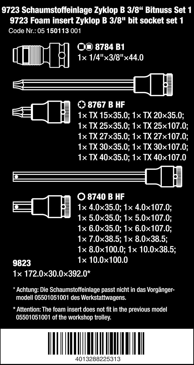 Detalle 2 de Wera 05150113001 9723 – wkładka piankowa Zyklop B 3/8", zestaw 22-elementowy