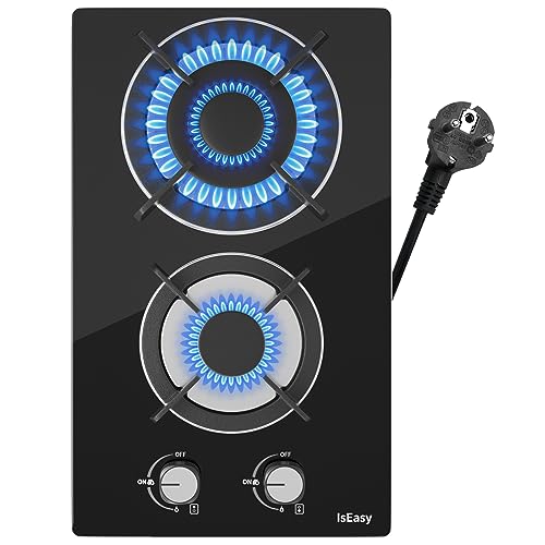 Detalle de IsEasy Placa de Gas 2 Fuegos Negro (31 cm): potencia 4300 W para encimera de cristal y gas GLP/Natural