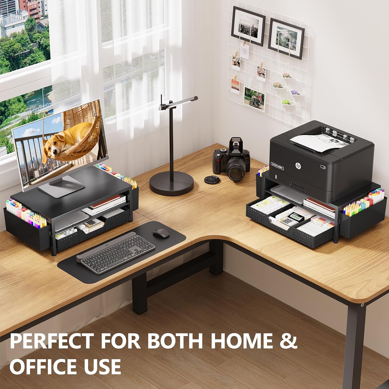 Thumbnail 4 de OPNICE Computer Monitor Stand Riser with Drawer and 2 Pen Holders, Black