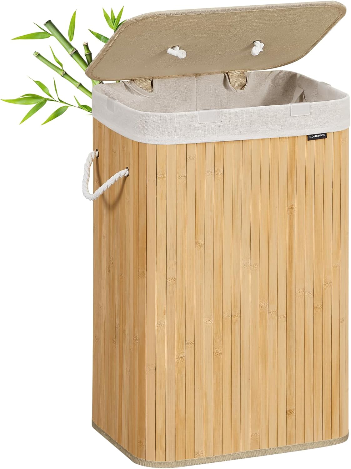 SONGMICS LCB10Y – Panier à linge en bambou avec couvercle 72 L, pliable et sac amovible lavable