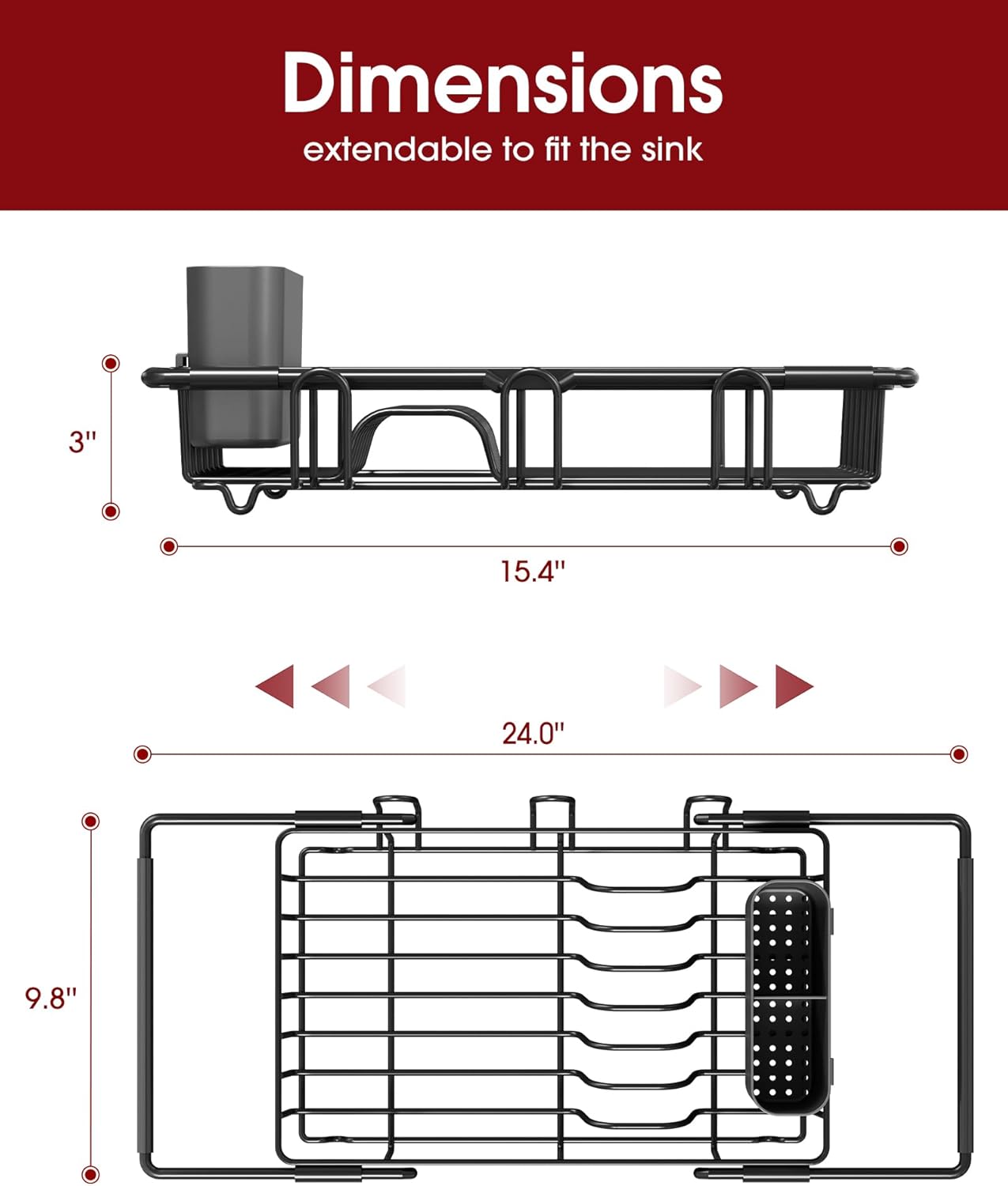 Thumbnail 5 de Sakugi Dish Drying Rack in Sink (Expandable Stainless Steel) with Cutlery Holder, Cup Holders, and Drain Strainer, Black