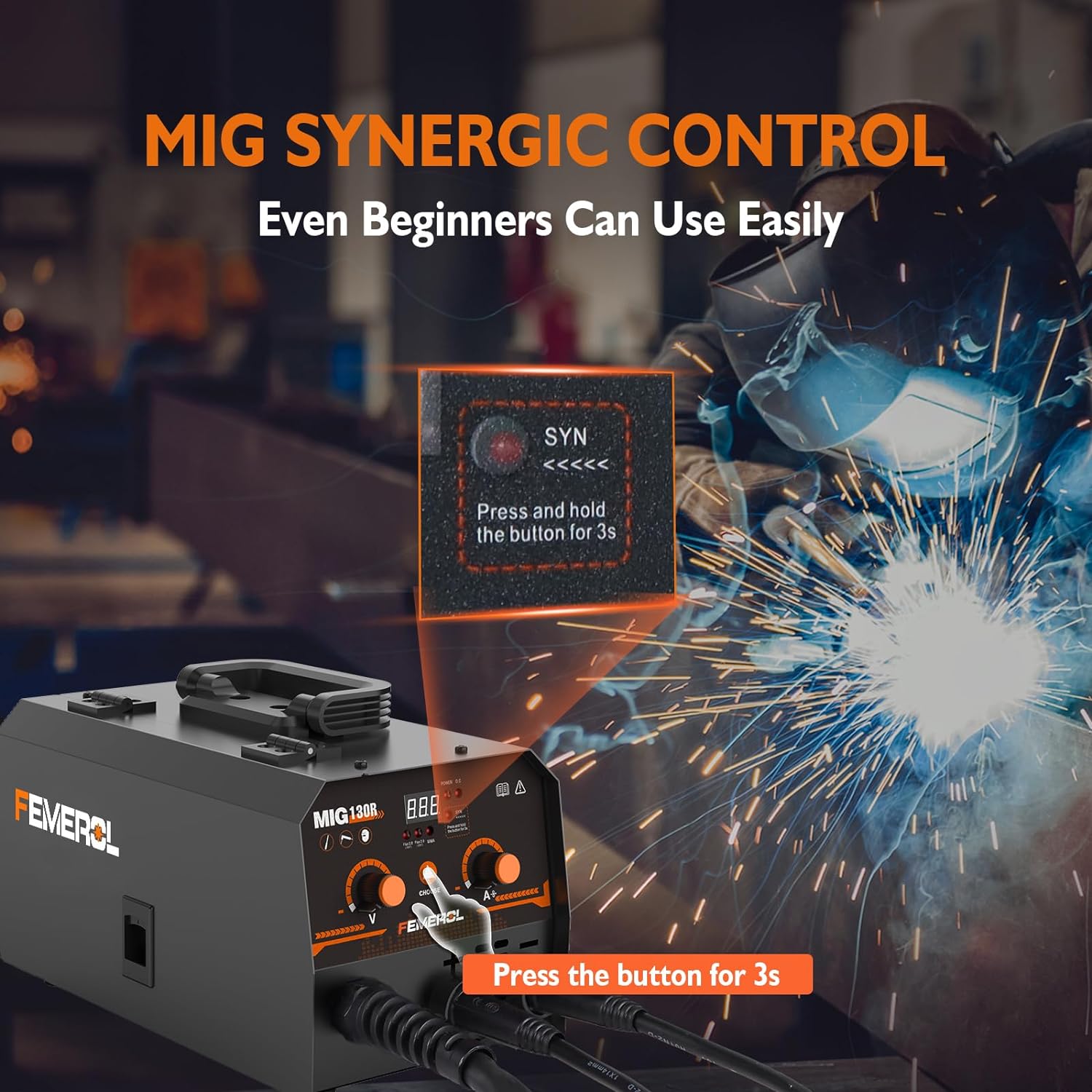 Detalle de FEMEROL MIG Welder 130A 2-in-1 Flux Core / Stick Welder (110V) — Portable, Synergic MIG Inverter