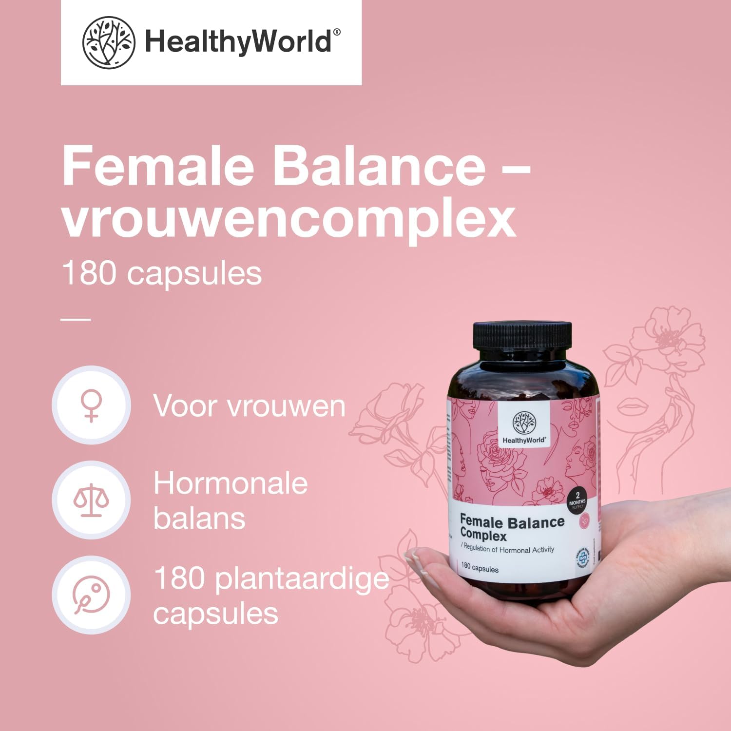 Detalle de HealthyWorld Female Balance hormonale-balanscomplex, 180 capsules met 12 actieve ingrediënten