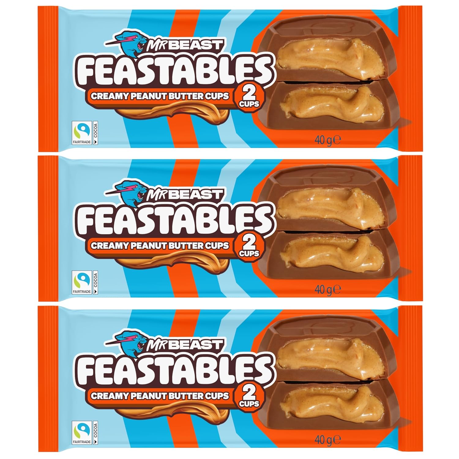 Detalle de Feastables MrBeast Cups Peanut Butter: Milchschokolade mit Erdnussbutterfüllung, 3er Pack (je 2 Stück à 40 g)