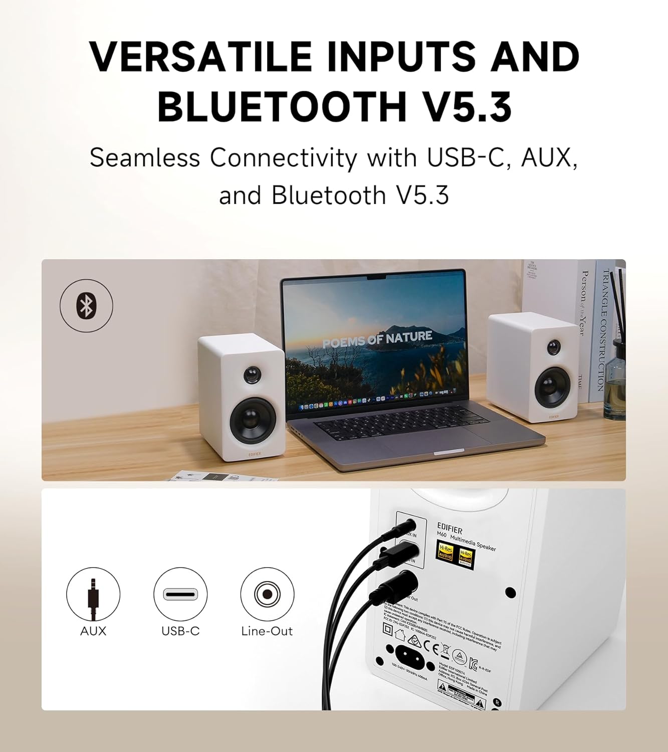 Thumbnail 4 de Edifier M60 Compact Desktop Speakers 2.0 with Bluetooth 5.3 and LDAC (White)