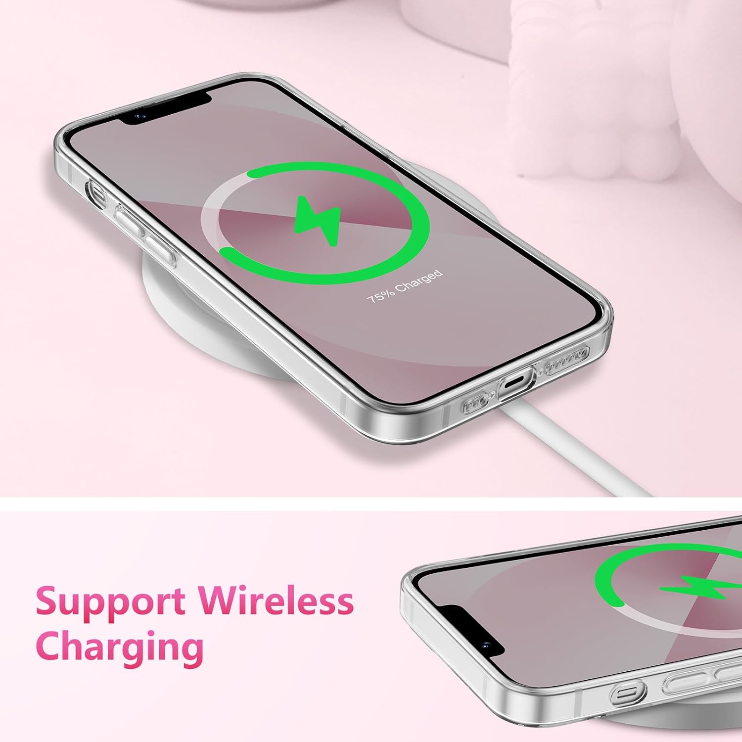 Detalle de ZTOFERA Durchsichtige Hülle für iPhone 14 (6.1) – Rosa Heißes Herz & Schleife, TPU Flexibel & Stoßfest